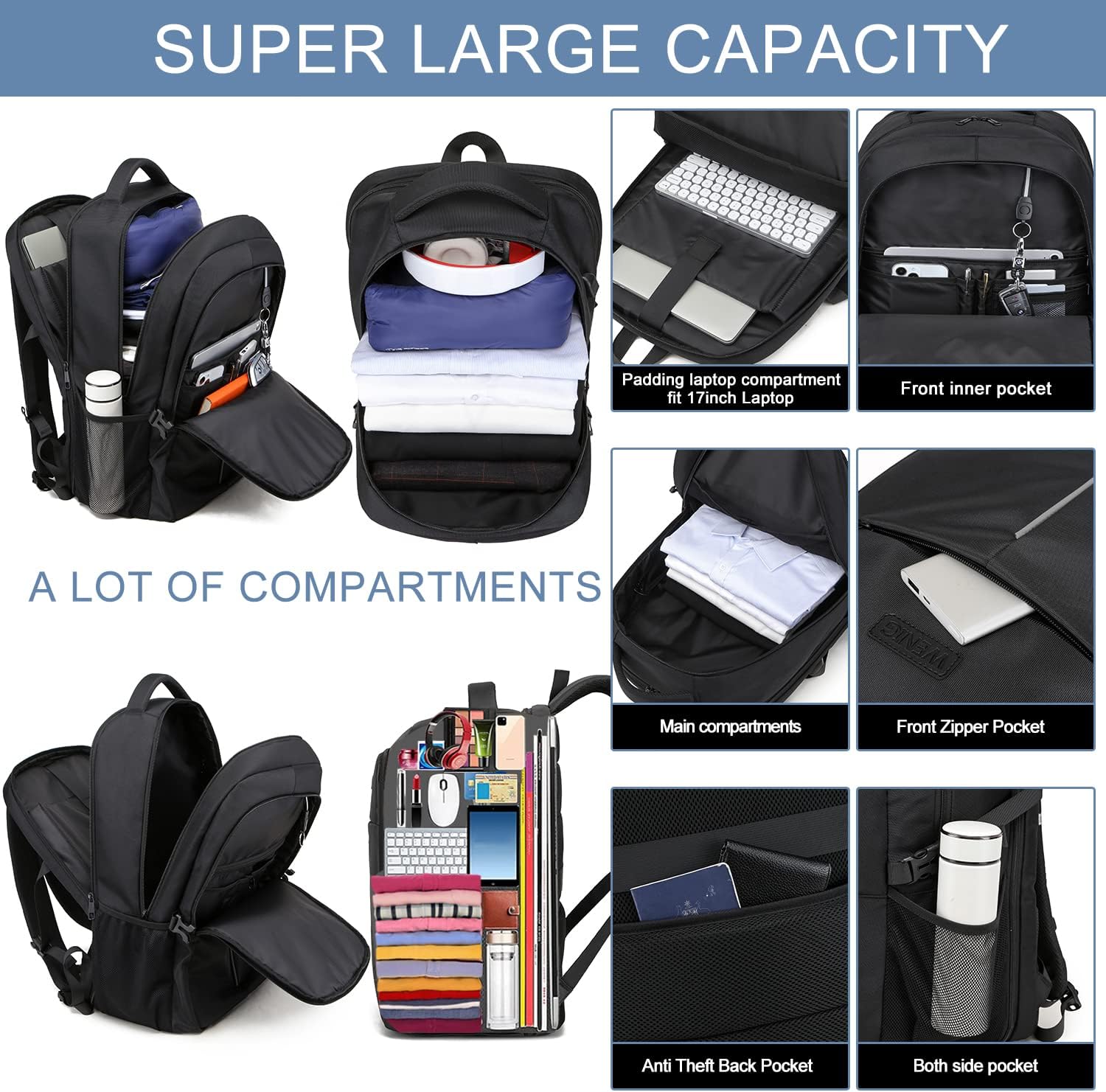 Großer Laptop-Rucksack für Herren, 17 Zoll, Laptoptasche für Schule, Arbeit, mit USB-Ladeanschluss, wasserdicht, für Geschäftsreisen, Notebook-Tasche, Schulrucksack für Männer, Frauen, Jungen, Teenager, Schwarz – Bild 3