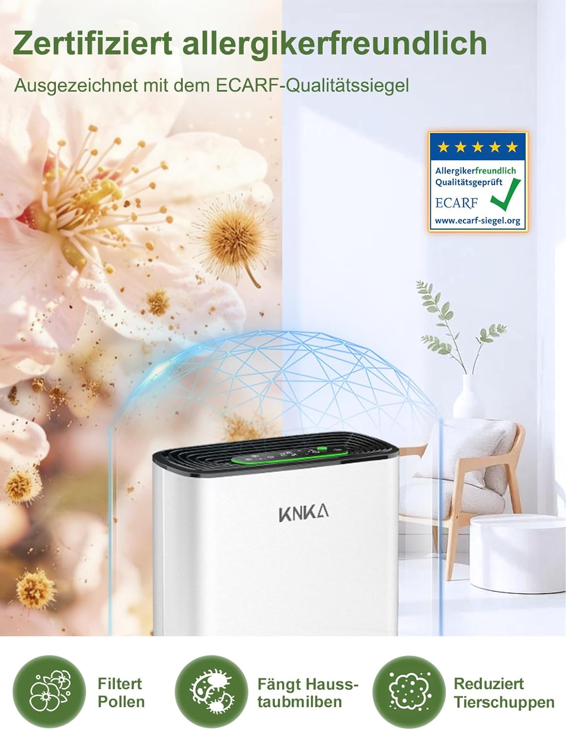 KNKA Luftreiniger, Luftreiniger, CADR 300 m³/h, bis zu 80 m², HEPA-Leistung (Schlafmodus), entfernt 99,97 % Staub/Pollen/Gerüche, mit intelligentem Sensor, ideal für Raucher und Haustiere, APH3000 – Bild 4