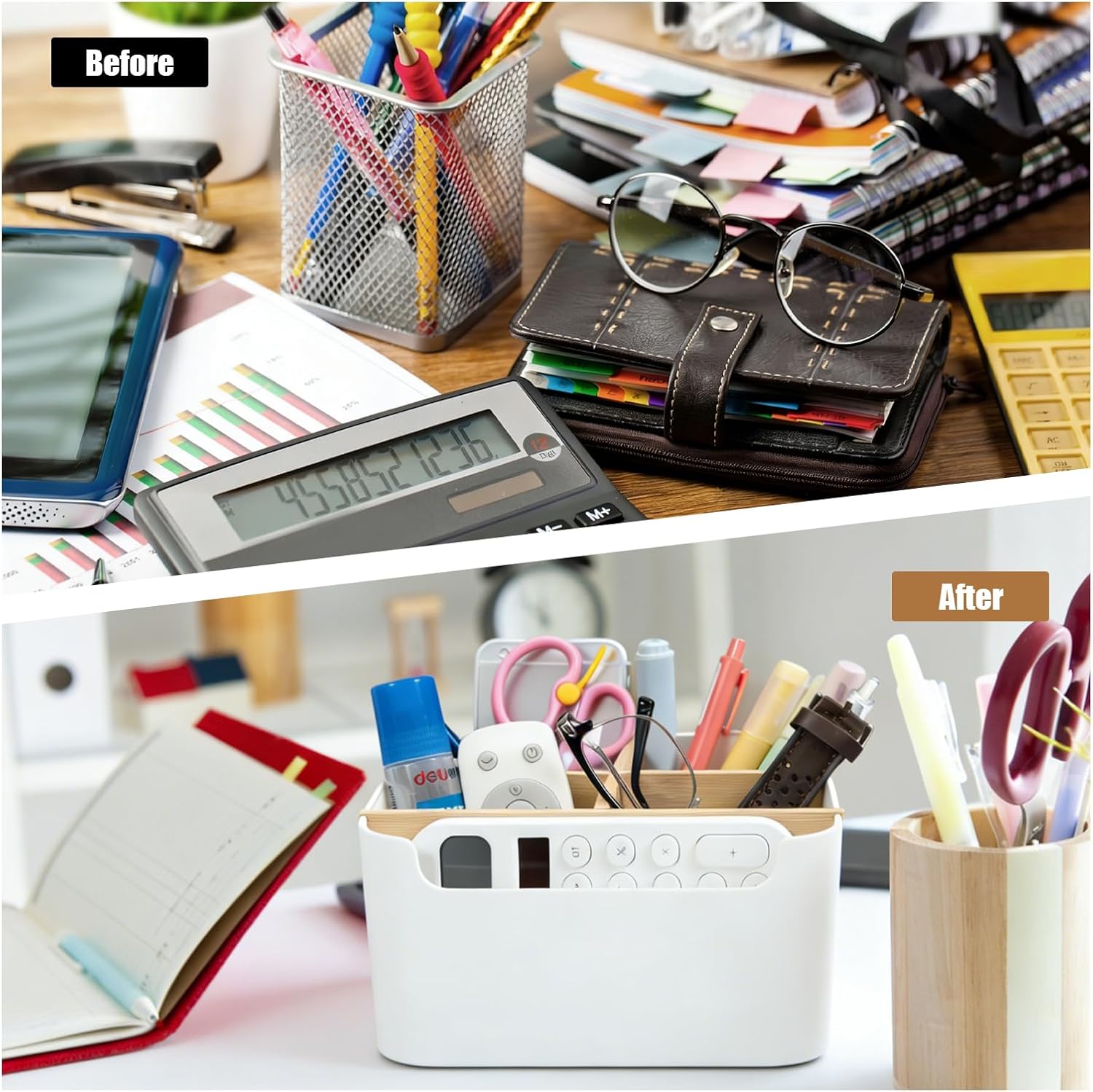 AKONE 5 Fächer Stifte Organizer, Bambus Schreibtisch Organizer mit abnehmbaren Trennwänden, Platzsparender Stiftehalter, Multifunktionaler Kosmetikhalter für Make up Pinsel, Büro Zubehör & mehr – Bild 4