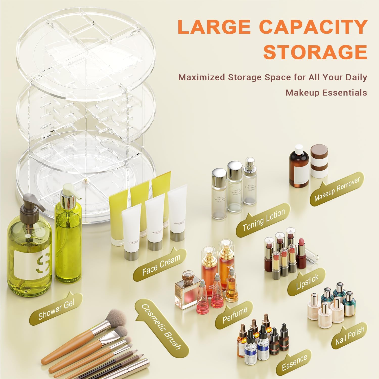 Auxmir Make-up-Kosmetik-Organizer, um 360° drehbare Aufbewahrung, Make-up-Organizer für Kommode, Schminktisch, Hautpflege-Aufbewahrungssystem, transparent – Bild 4