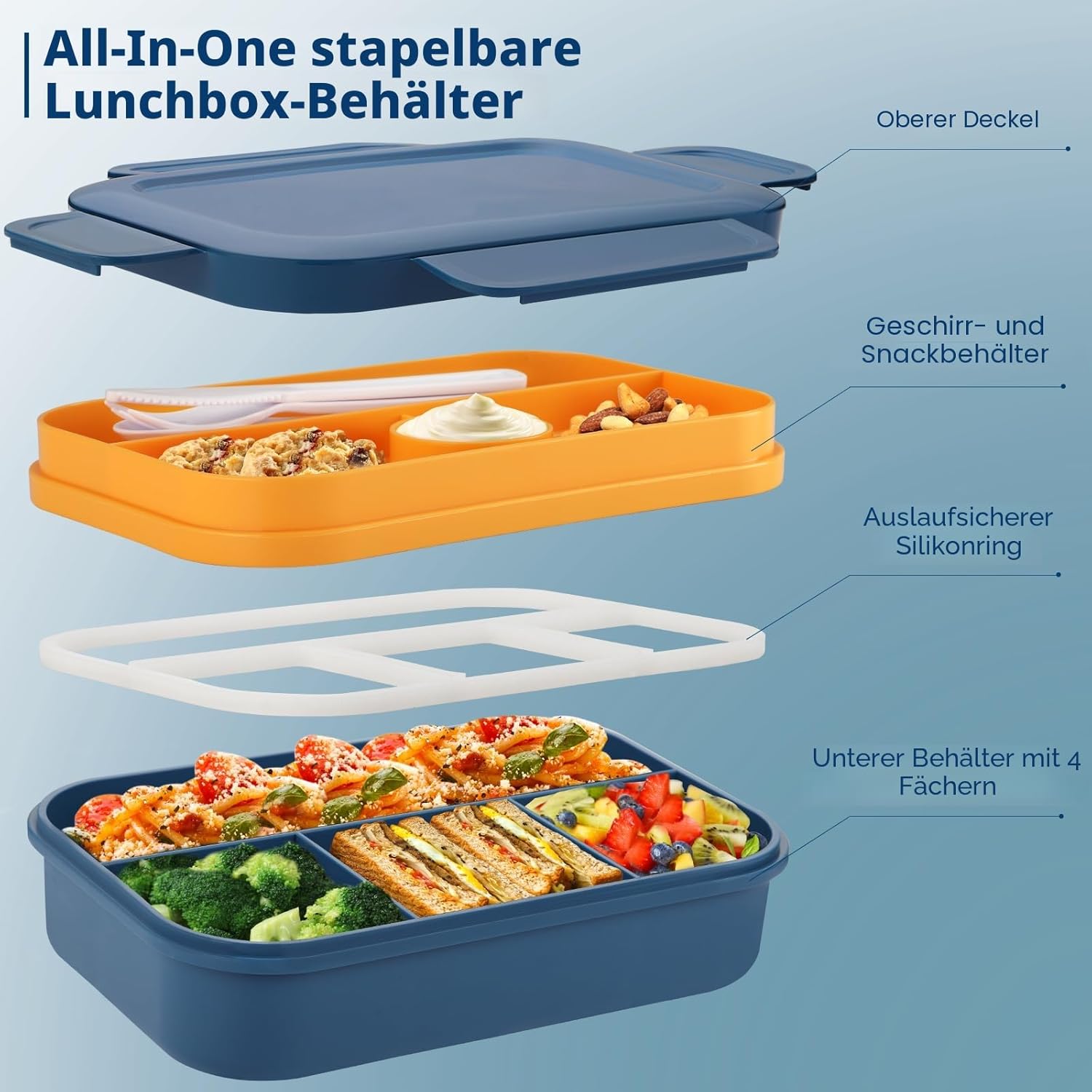 Sinnsally Lunchbox für Erwachsene, 2000 ml Lunchbox mit Fächern, Bento-Lunchbox mit Besteck, Snackbox, auslaufsichere Lebensmittelbox, Lunchbox mit Trennwänden, Frühstücksbox – Bild 3