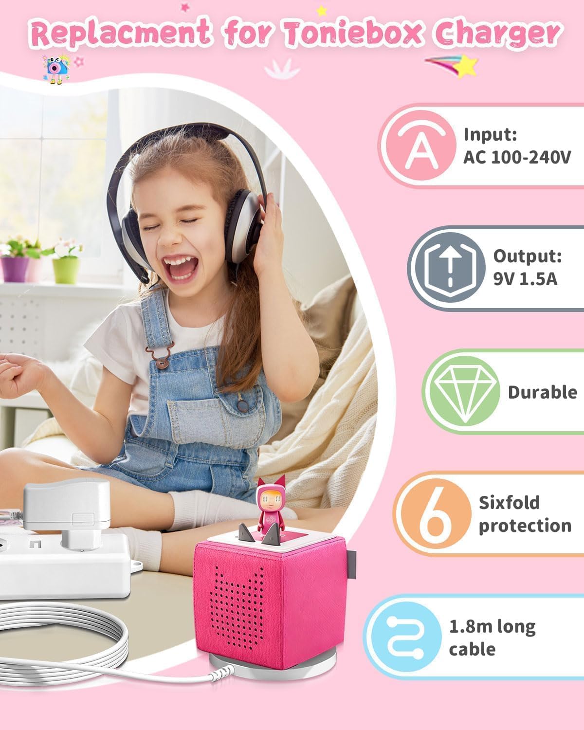 9 V Ladekabel für Toniebox, Ladestation kompatibel mit Tonie Box Audio Player, sechsschichtiger Sicherheitsschutz, 1,8 m Kabel, kann das Original-Toniebox-Ladegerät ersetzen, mit Bas – Bild 3