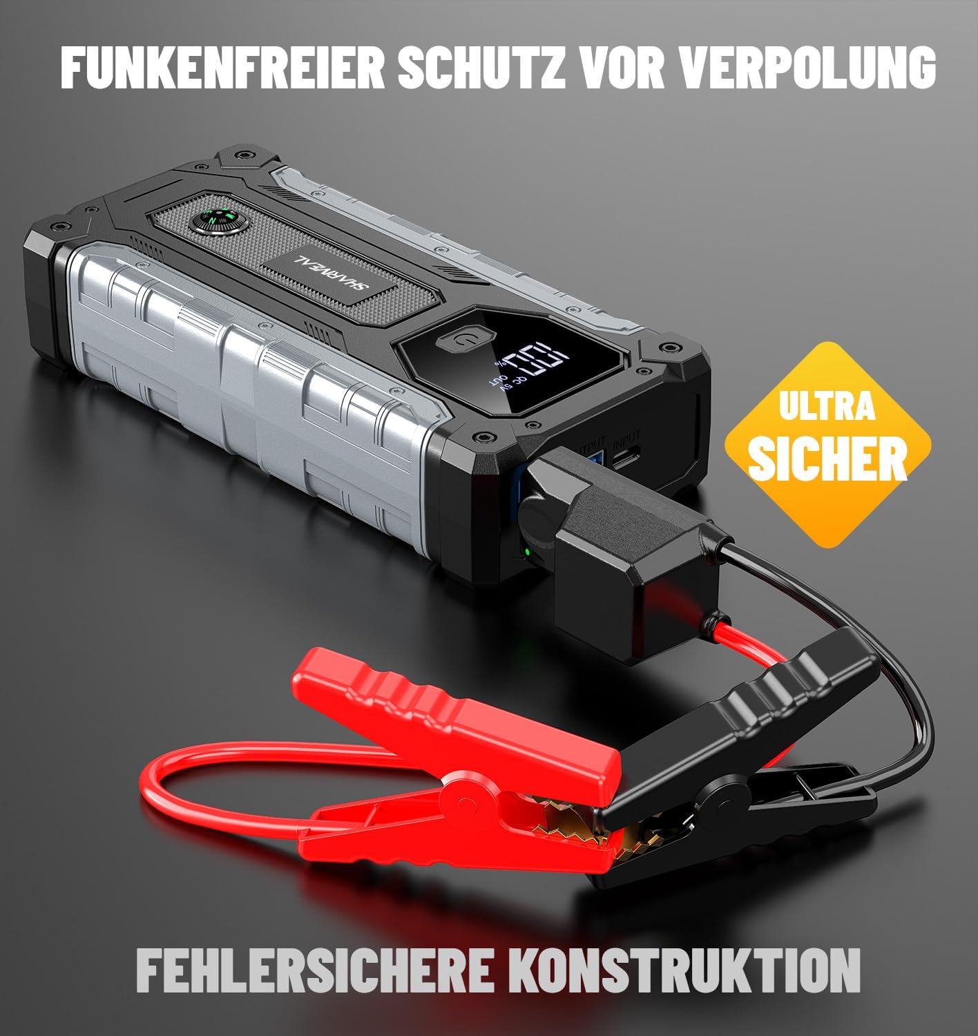 SHARMEAL 8000 A Starthilfe-Powerbank für Autos, 12-V-Auto-Starthilfe-Powerbank (für alle Benzinmotoren oder bis zu 10,0 l Diesel), Booster-Auto-Starthilfe mit LCD-Bildschirm und LED-Taschenlampe – Bild 8
