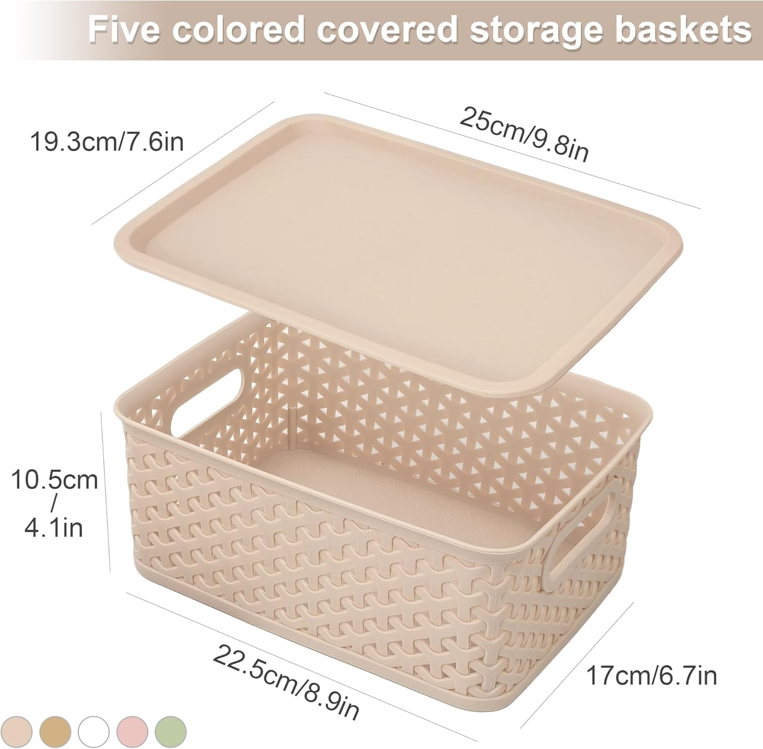 LYLIDIA 5 Stück Aufbewahrungsbox mit Deckel, kleiner Korb, 4 L Box Aufbewahrungskorb im Rattan-Design, stapelbare Box PP-Kunststoff, Organizer-Körbe, Stapelboxen mit Griffen, 25 x 17 x 10,5 cm (buntes Set). – Bild 2