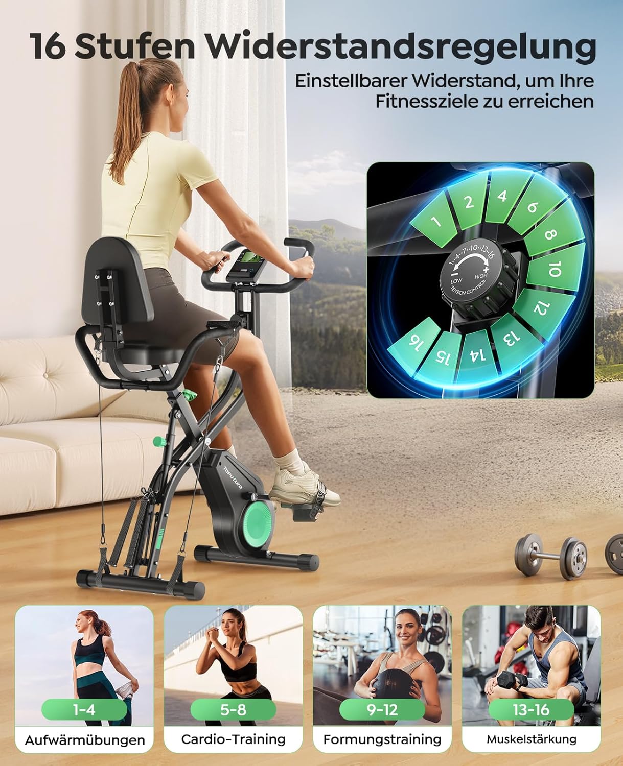 Toputure Klapp-Heimtrainer mit App, 5-in-1-Ergometer mit Hand-Bein-Zugseilen, 16 Magnetwiderstände, Indoor-Heimtrainer bis 140 kg, Ultraschall – Bild 3