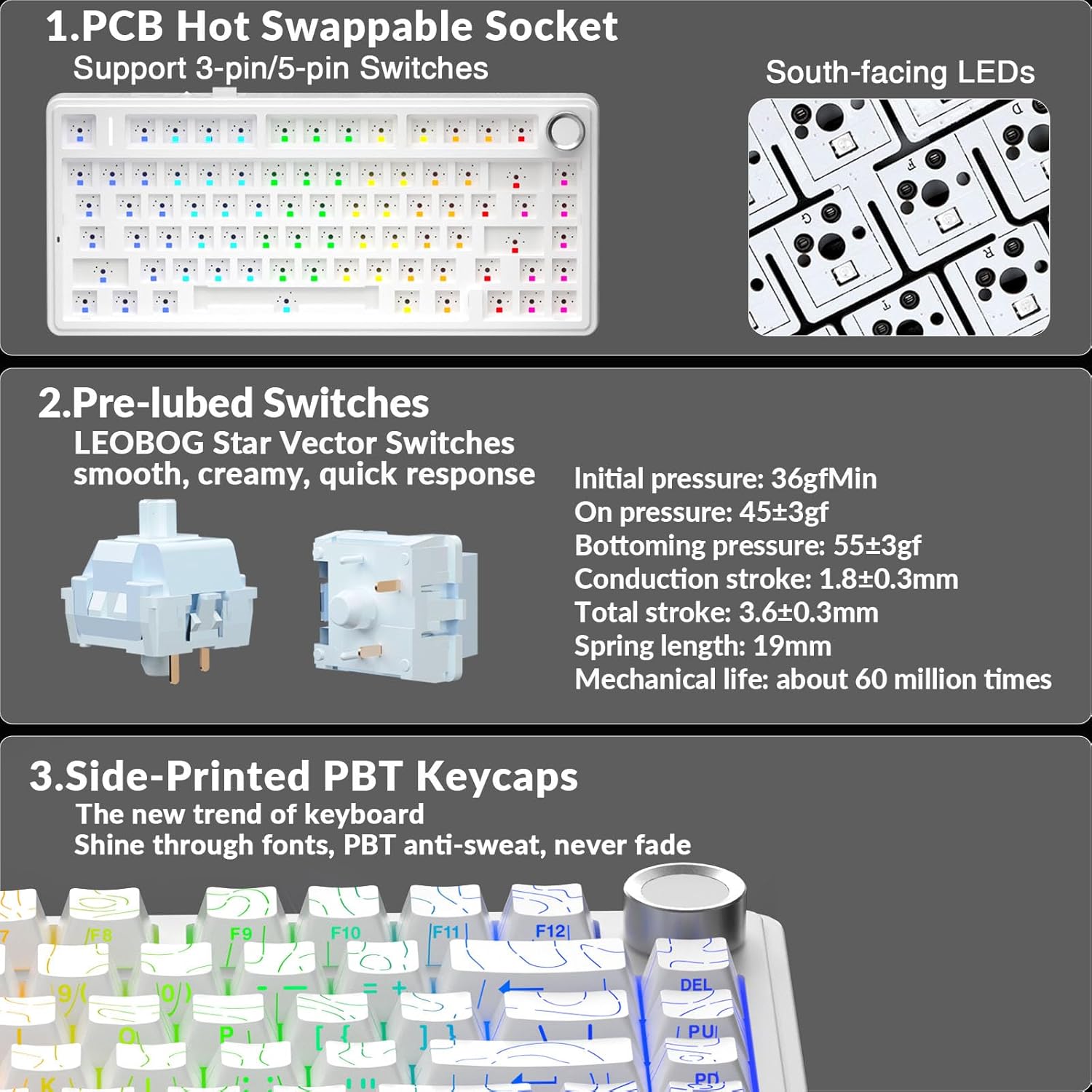 AULA F75 PRO Mechanische Gaming-Tastatur, 2,4 GHz/Typ-C/BT5.0 mechanische Tastatur, seitlich graviert, fünfschichtige Struktur, QWERTZ, Hot-Swap-fähige kabellose Gaming-Tastatur 75 Prozent (weiß) – Bild 5