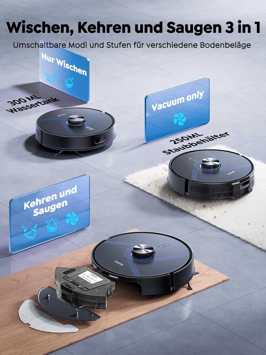 Vyzzle Saugroboter mit Wischfunktion, 10000Pa Saugroboter mit Saugstation 3,5 L, Wisch- und Saugroboter mit LiDAR-Navigation, 180 Minuten Laufzeit, App-Steuerung, Haustier – Bild 6