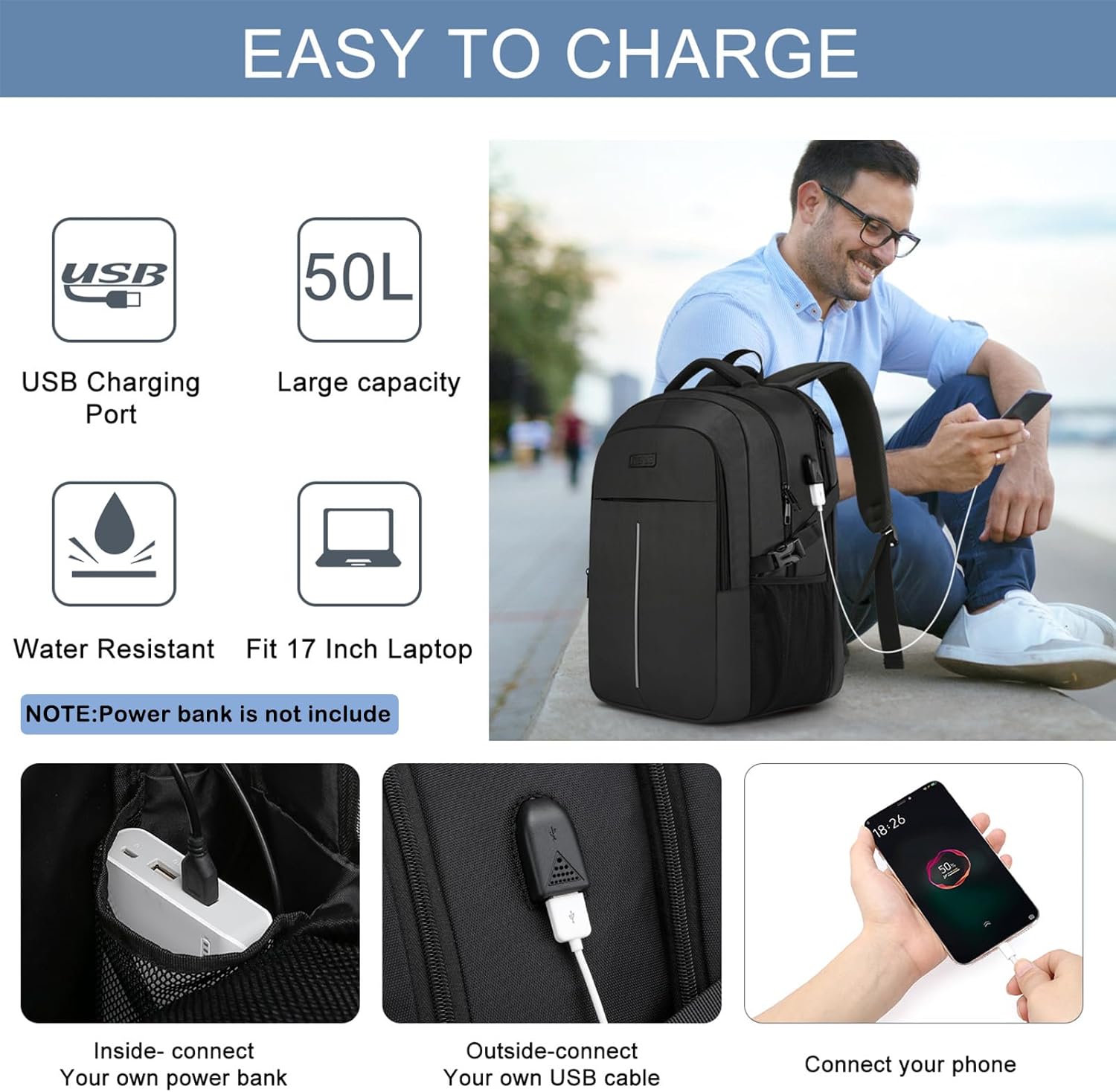 Großer Laptop-Rucksack für Herren, 17 Zoll, Laptoptasche für Schule, Arbeit, mit USB-Ladeanschluss, wasserdicht, für Geschäftsreisen, Notebook-Tasche, Schulrucksack für Männer, Frauen, Jungen, Teenager, Schwarz – Bild 2