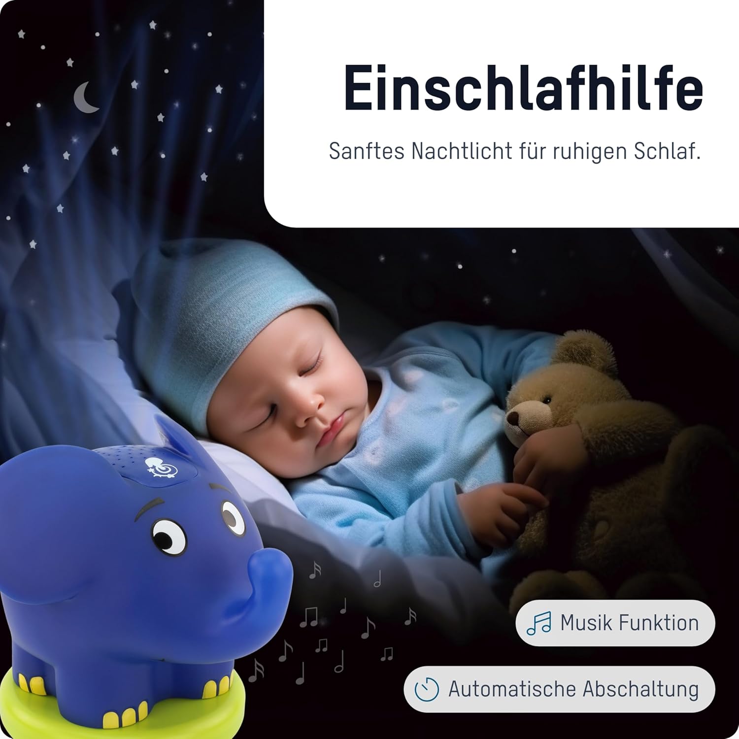 Ansmann Sternenlicht-Projektor Elefant – Übertragung mit der Maus – LED-Nachtlicht mit Musik & Sternenhimmel, der Projektor ideal als Einschlafhilfe für Babys & Kinder – Nachtlicht als Babyzimmer-Dekoration – Bild 4