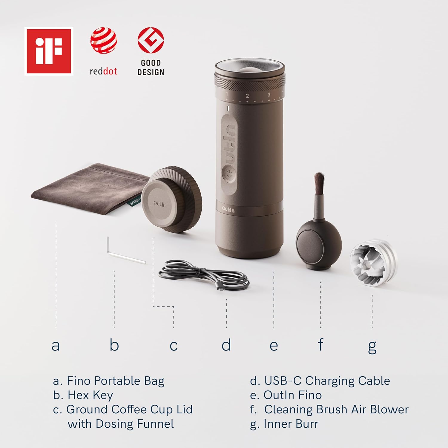 OutIn Fino Tragbare elektrische Kaffeemühle, Kegelmahlwerk – 28 externe Mahlstufen, 7-Sterne-Edelstahlkegel und Ein-Knopf-Bedienung, kompakte Kaffeemühle Espresso mit Schnellladung, für Reisen und Haushalt – Bild 2