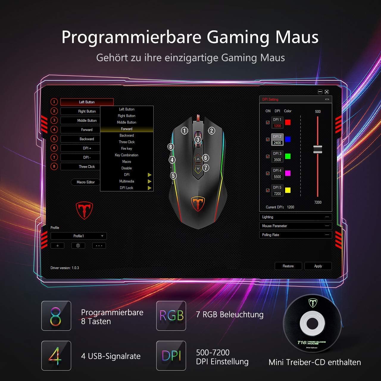 RGB-Gaming-Maus, Gamer-Maus mit 8 programmierbaren Tasten, 7200 DPI/RGB-Beleuchtung/einstellbare Spielprofile, USB-Kabel mit ergonomischem Design für MMO-, MOBA- oder FPS-Spiele für PC/Mac – Bild 2
