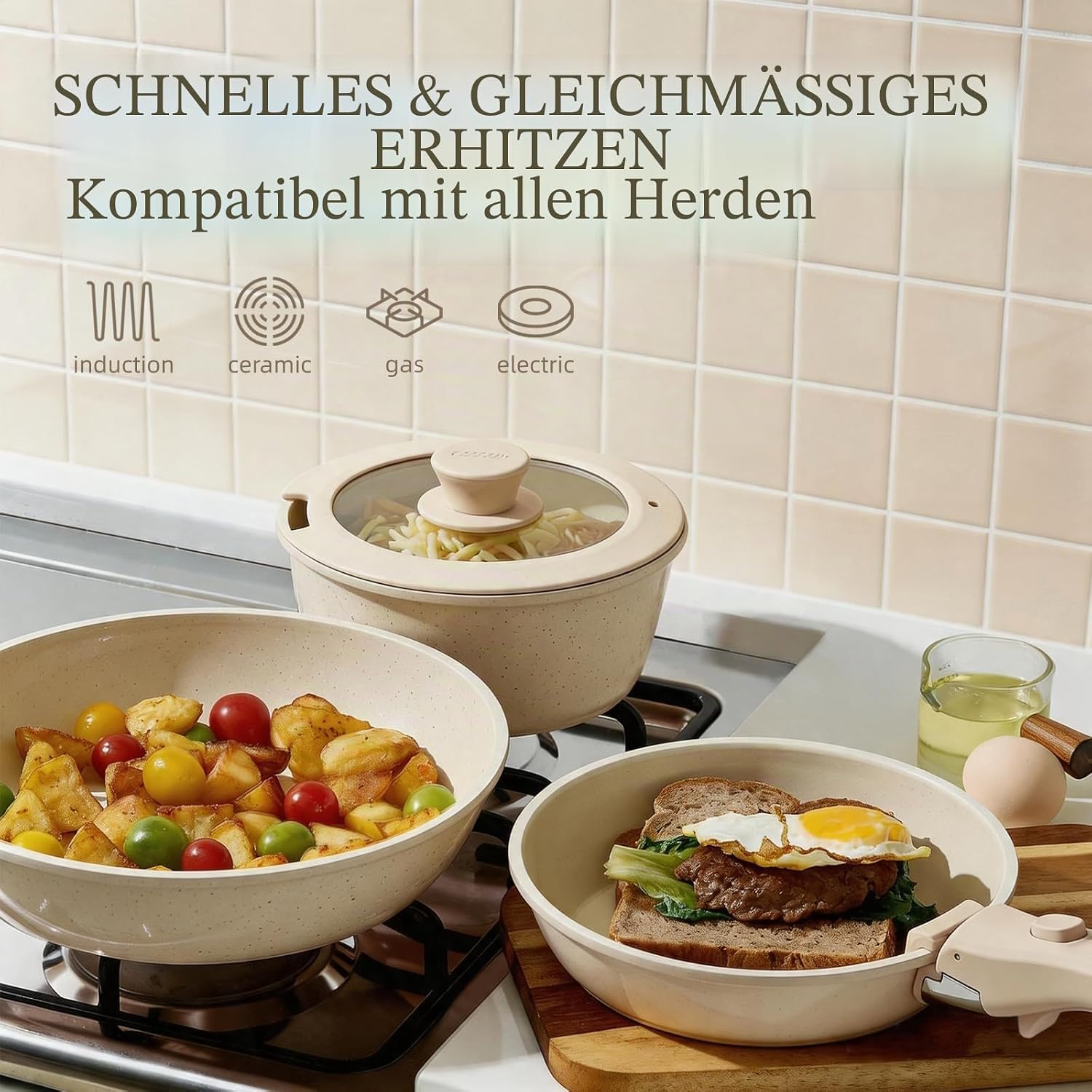 Keramik-Pfannenset mit abnehmbarem Griff, Induktion, 8-teilige Topfsets, platzsparendes Kochgeschirr, Bratpfannen, ofen- und spülmaschinenfest, PFAS/PFOA-frei, Cremeweiß – Bild 5