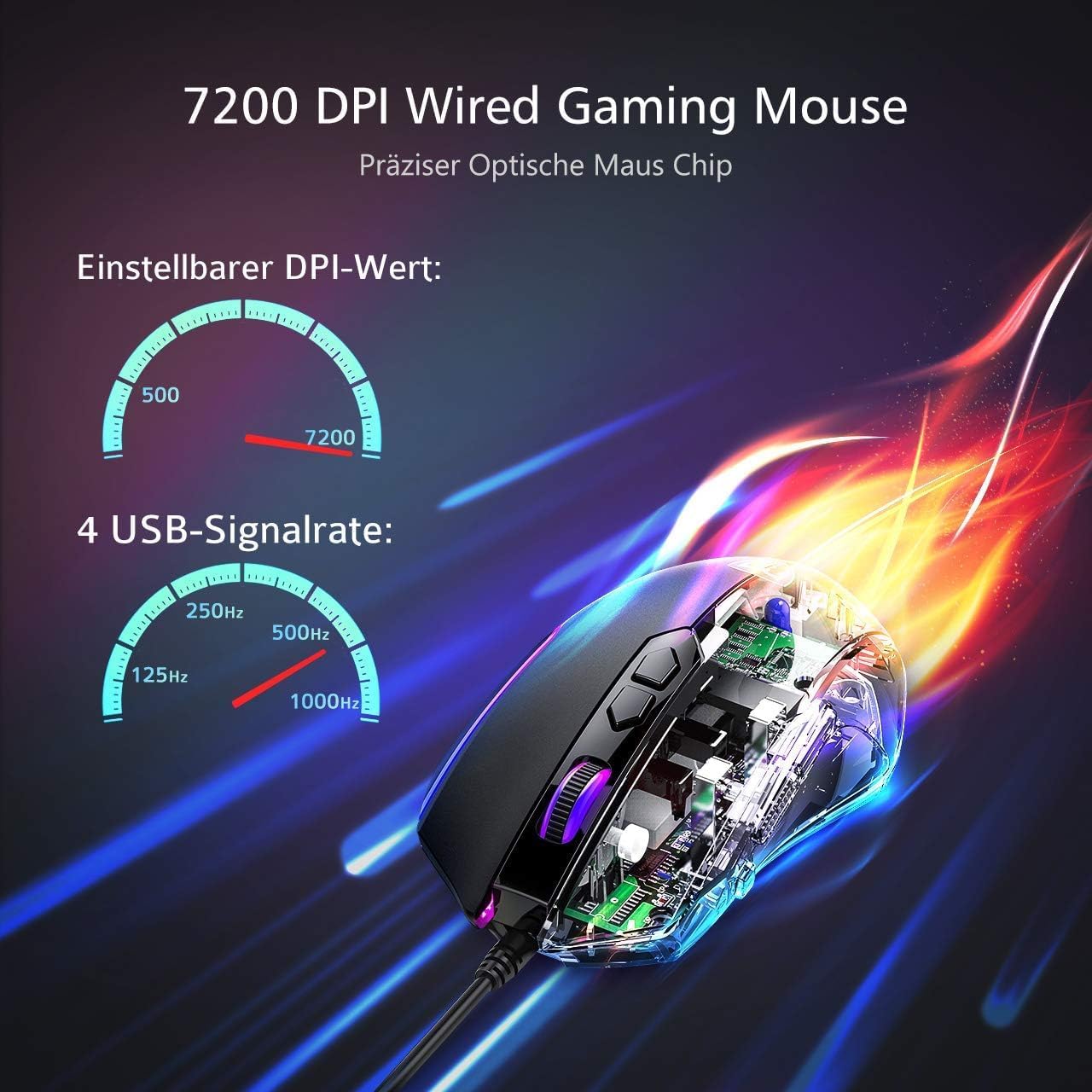 RGB-Gaming-Maus, Gamer-Maus mit 8 programmierbaren Tasten, 7200 DPI/RGB-Beleuchtung/einstellbare Spielprofile, USB-Kabel mit ergonomischem Design für MMO-, MOBA- oder FPS-Spiele für PC/Mac – Bild 4