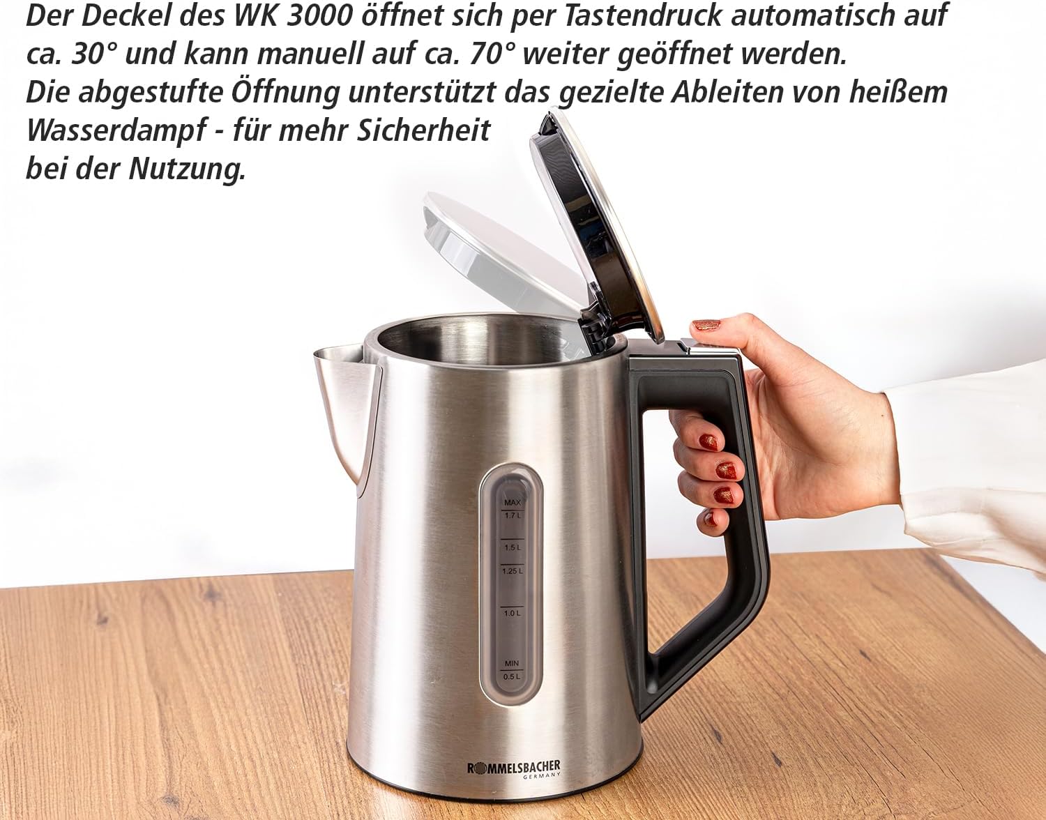 ROMMELSBACHER Wasserkocher WK 3000 – Stiftung Warentest Sieger 3/2025, 1,7 Liter, 1-Knopf-Bedienung, Set-Start-Funktion, Temperaturwahl von 45-100 °C, geschlossener Topfboden, automatischer Kochstopp – Bild 3