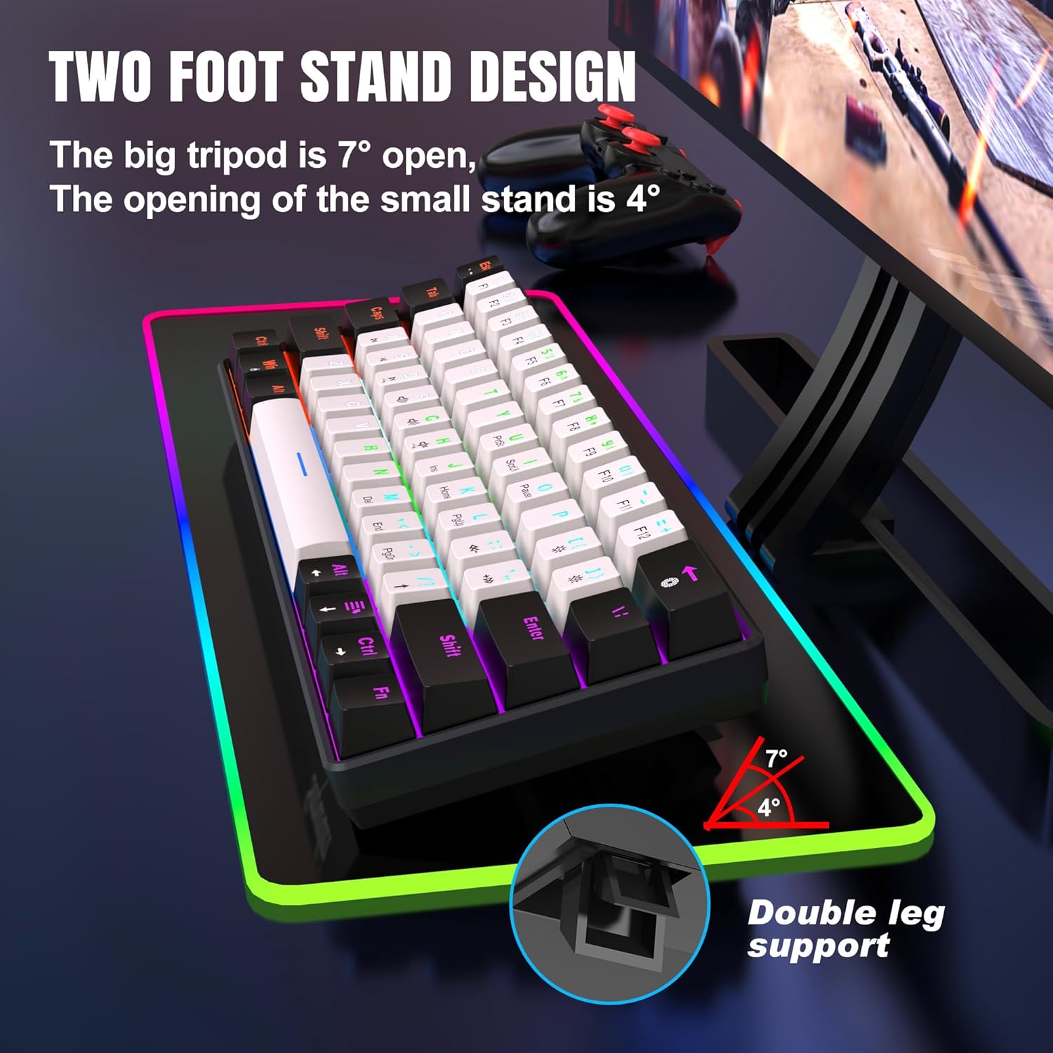 Snpurdiri 60 % kabelgebundene mechanische Gaming-Tastatur, 61 Anti-Ghosting-Tasten, RGB-Hintergrundbeleuchtung, ultrakompakte blaue Schalter, zwei Ständer, Schwarz/Weiß – Bild 6