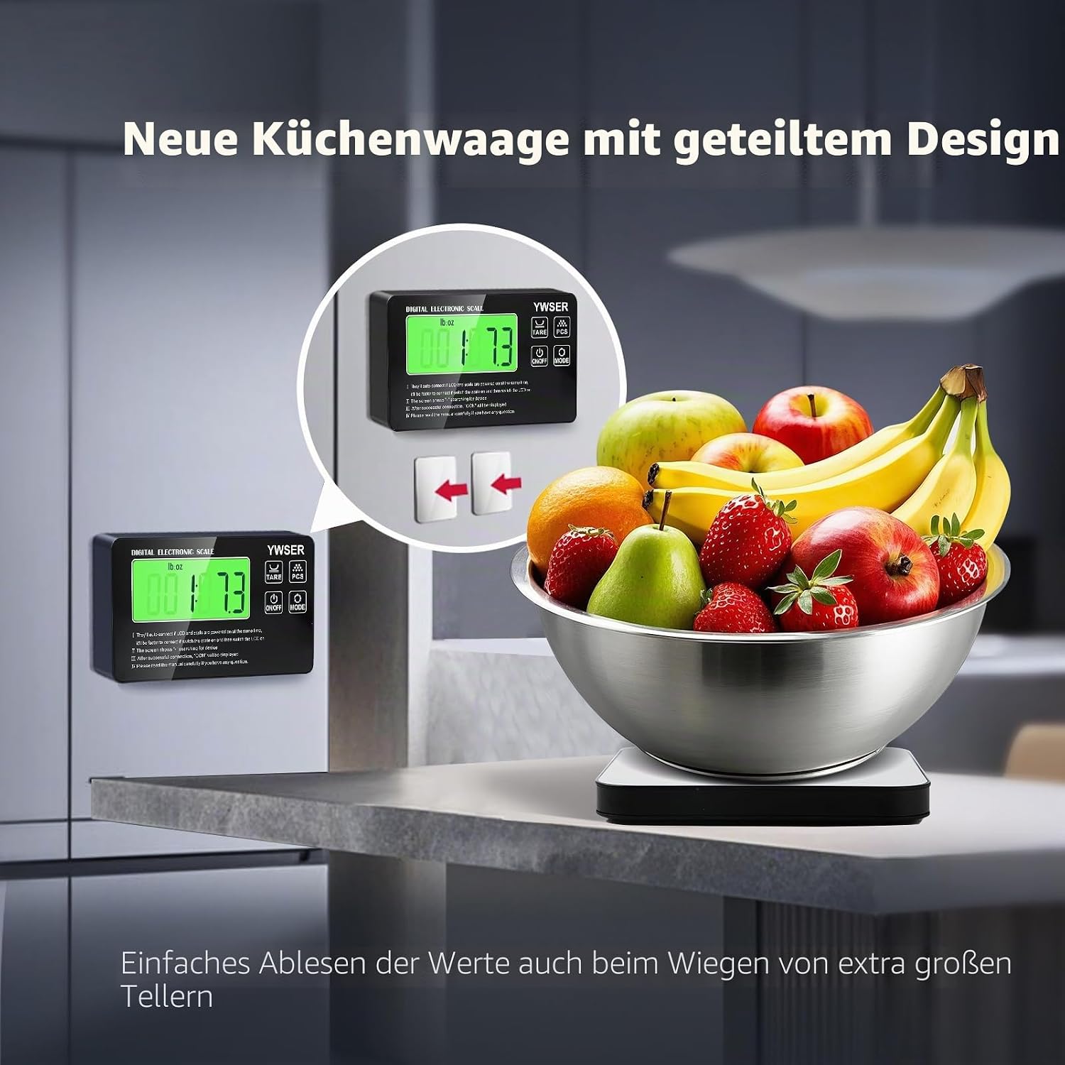 15 kg digitale Küchenwaage mit LCD-Fernanzeige, geteiltes Display für einfaches Ablesen und Reinigen, 1 g Präzision, 7 Einheiten, Tara-Funktion zum Backen, Kochen (Silber-Schwarz) – Bild 5