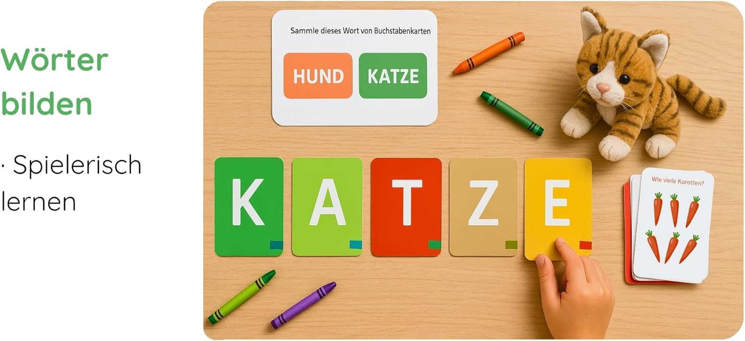 ABC & 123 Karteikarten – 60 Karten zum Buchstabenlernen, komplettes deutsches Alphabet & Zahlen 1-12 mit Bonus-Spielideen, Montessori-Lernkarten ab 3 Jahren für Vorschule & Kindergarten – Bild 4