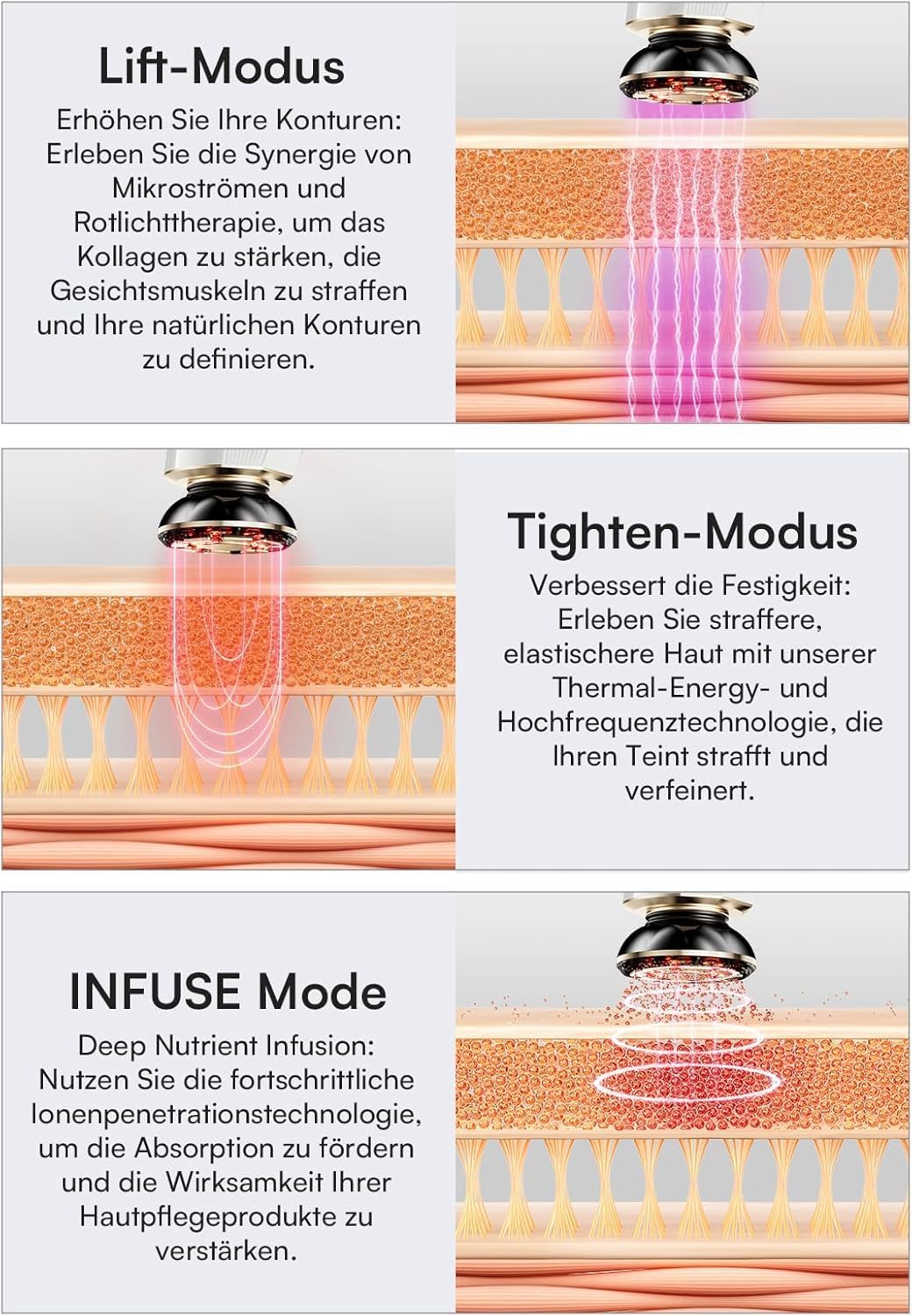 INIA Professionelles 3-in-1-Anti-Falten-Gesichtsmassagegerät mit Mikrostrom und rotem Licht, straffendes Lifting-Gerät für Hals/Nacken, reduziert Schwellungen und Falten – Bild 3