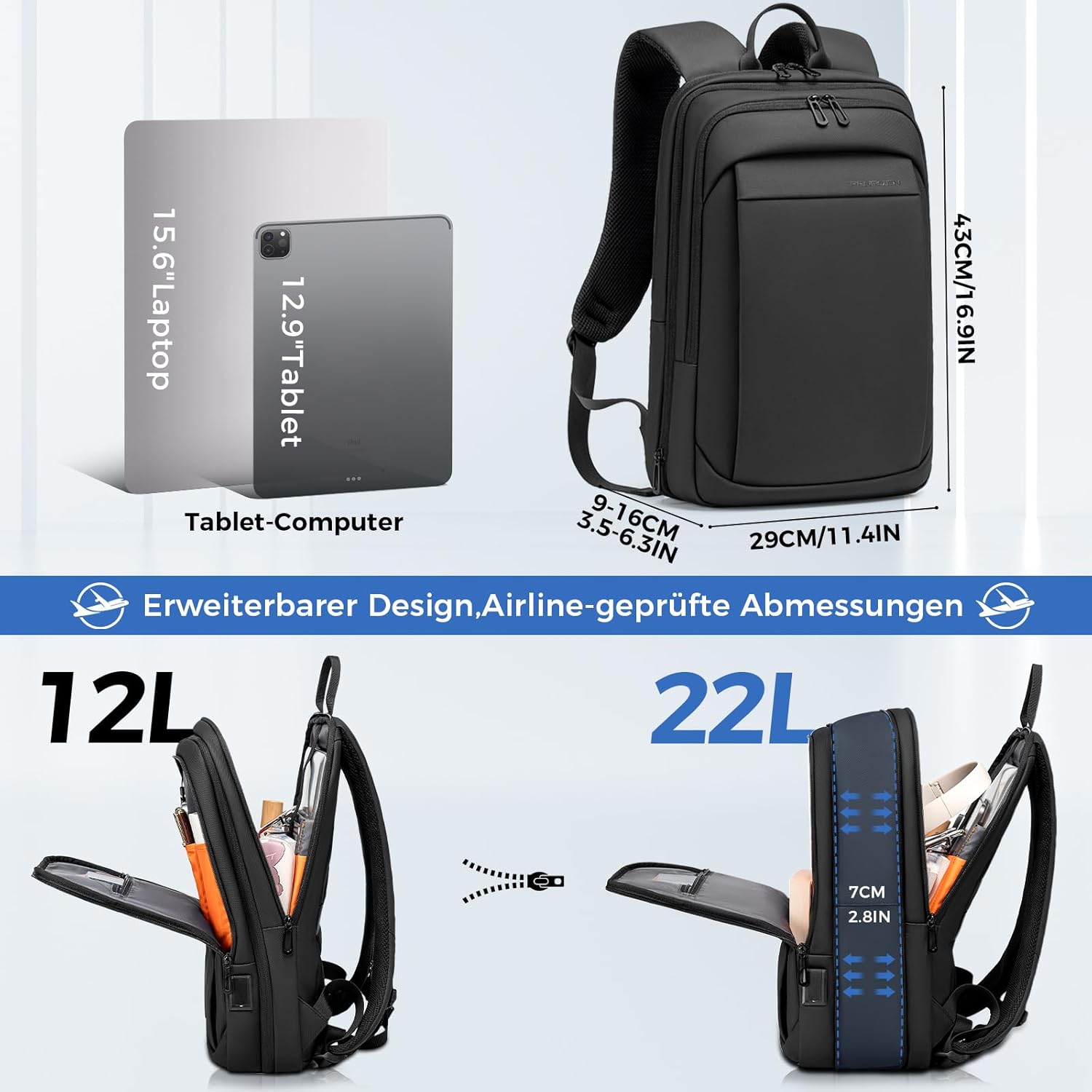 Fenree.geer Herren Laptop Business Rucksack – Leichter 15,6 Zoll Slim Laptop Rucksack mit USB – Ladeanschluss Wasserdicht & Erweiterbar (12-22L) Rucksack Schwarz Tragbarer Arbeitsrucksack Herren – Bild 3