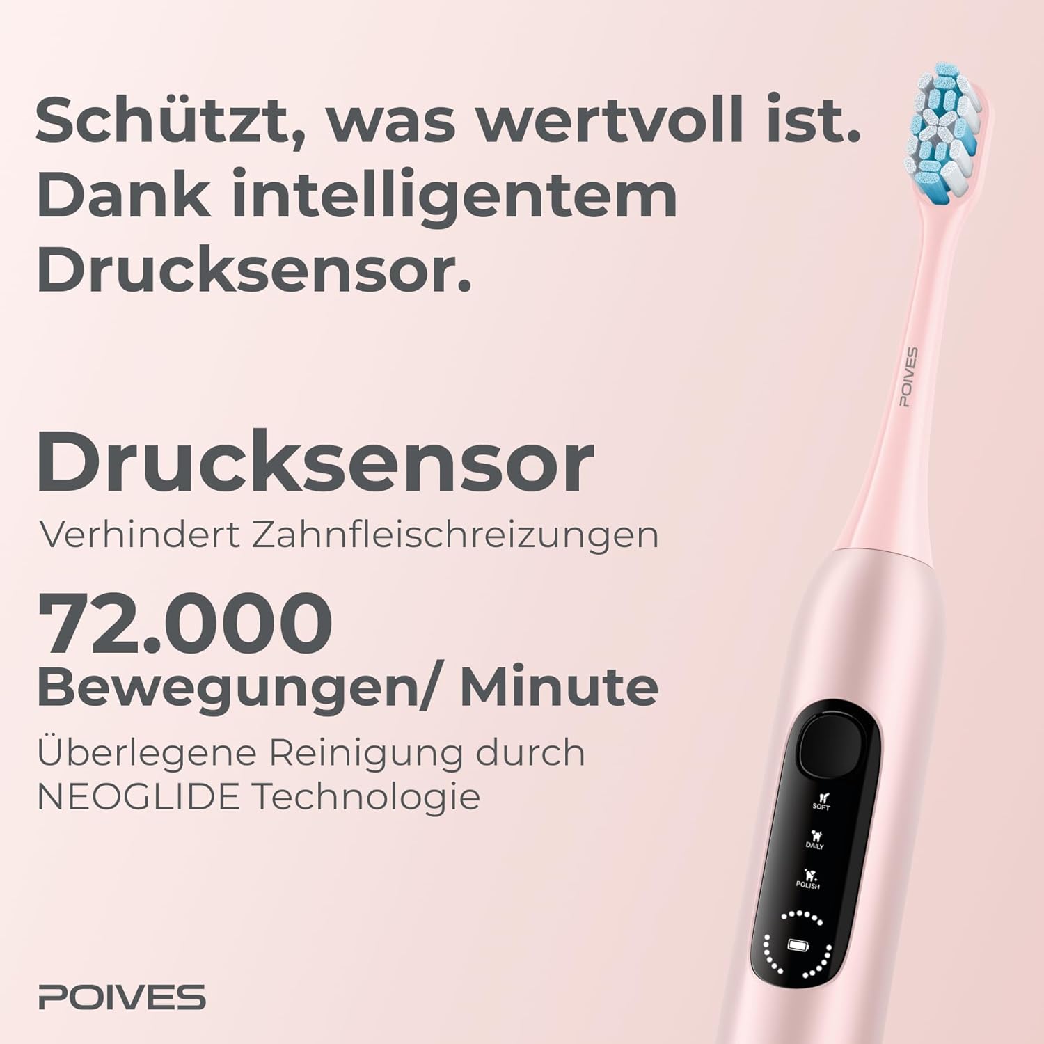 Schallzahnbürste P1 Pro Testsieger 2026 – Bestnote Sehr gut, Drucksensor schützt die Zähne, Ultraschall-Elektrozahnbürste, Perlmuttrosa – Bild 3