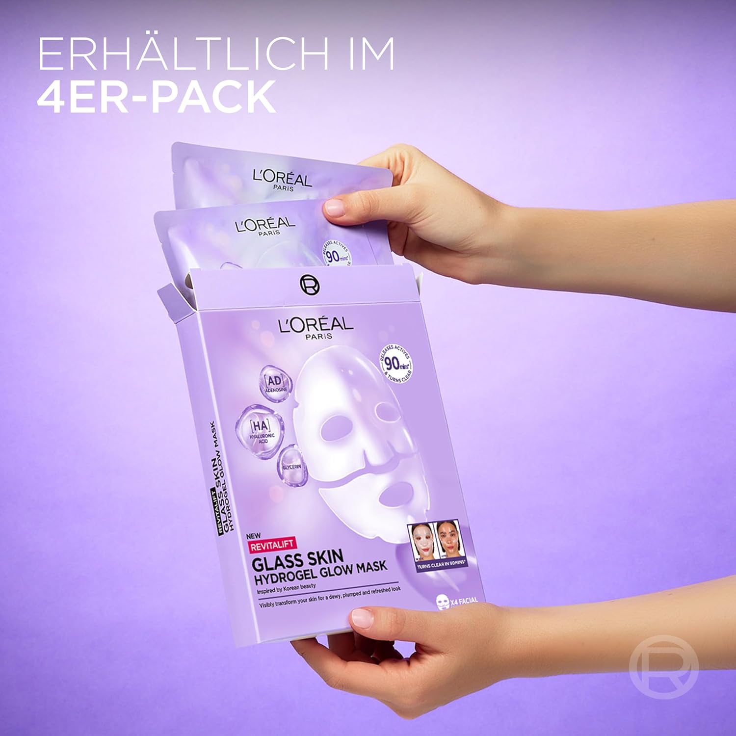L'Oréal Paris Glass Skin Hydrogel Mask, für pralle und strahlende Haut, feuchtigkeitsspendend und glättend, mit Hyaluronsäure, Glycerin und Centella Asiatica, Revitalift Filler, Einzelmaske, 25 g – Bild 8