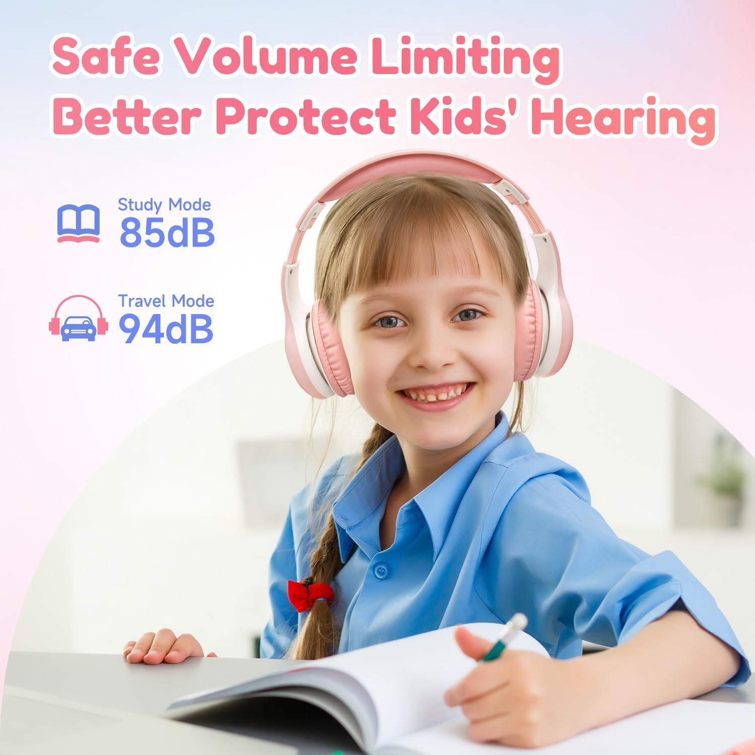 EarFun Kinder-Bluetooth-Kopfhörer, 85/94 dB Lautstärkeregler, HiFi-Sound, HD-Mikrofon, 40 Stunden Akku, faltbar, verstellbar, Kopfhörer kabellos, Bluetooth Kinder für Schule/Reisen, Pink – Bild 3
