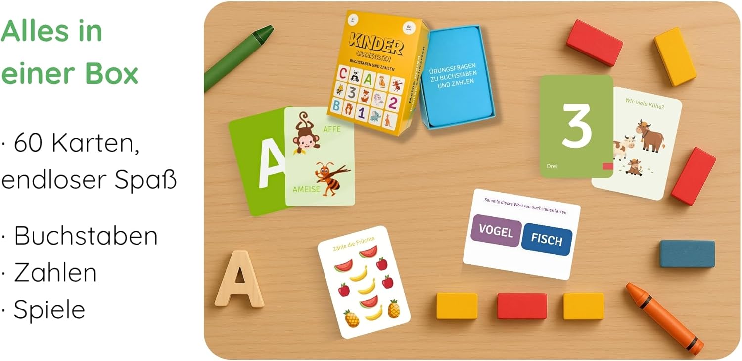 ABC & 123 Karteikarten – 60 Karten zum Buchstabenlernen, komplettes deutsches Alphabet & Zahlen 1-12 mit Bonus-Spielideen, Montessori-Lernkarten ab 3 Jahren für Vorschule & Kindergarten – Bild 5