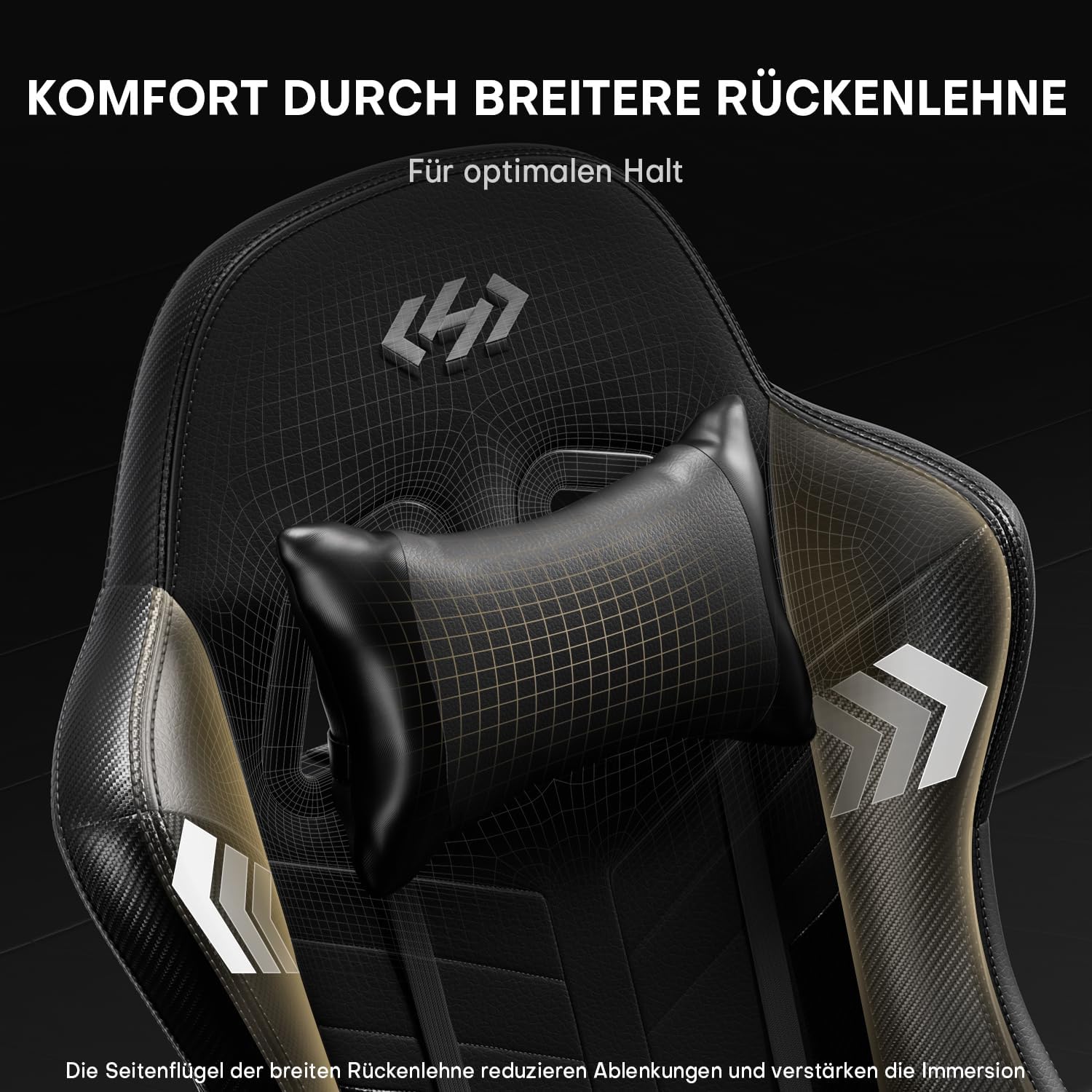 HLONONE Gaming-Stuhl mit Massagefunktion, ergonomischer Gamer-Stuhl, Racing-Gaming-Stuhl mit Fußstütze, Kopfstütze und Massage-Lendenkissen, gepolsterter PC-Stuhl, 150 kg Tragkraft, Schwarz – Bild 4