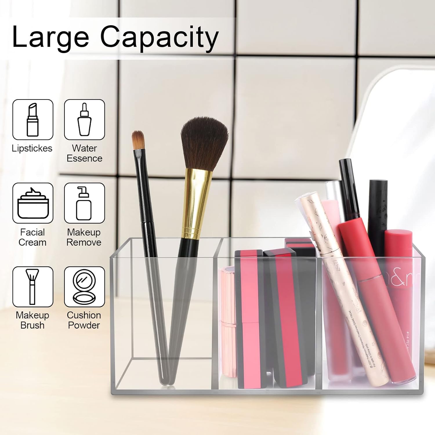 Acryl-Pinselhalter, 3 Fächer, Make-up-Organizer, transparenter Schminktisch-Organizer, Make-up-Organizer für Pinsel, Eyeliner, Lippenstift, Schminktisch-Zubehör-Aufbewahrung, es kann durchsucht werden, Stifthalter – Bild 2