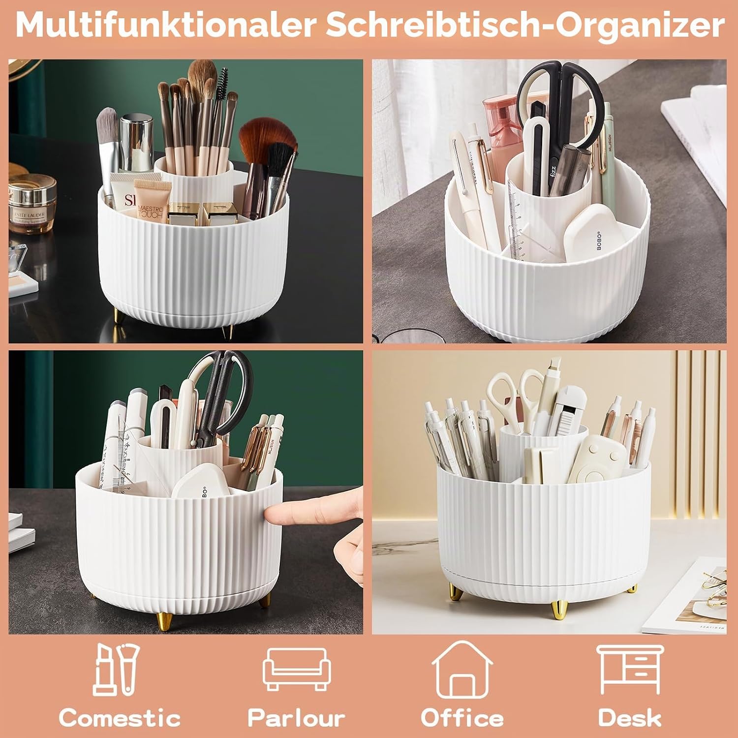 fanado 360° drehbarer Make-up-Organizer, Make-up-Pinselhalter, 5 Fächer für Make-up- und Hautpflege-Aufbewahrung, für Schminktisch, Schreibtisch, Badezimmer (weiß) – Bild 4