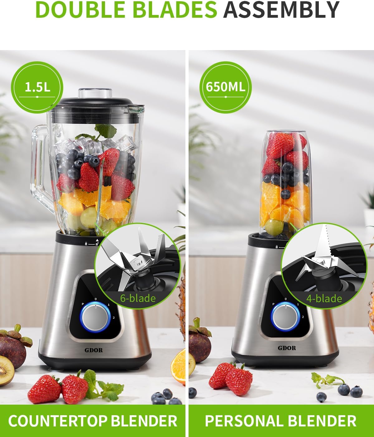 GDOR 1200 W Standmixer aus Glas, 2-1 Mixer, Smoothie-Maker mit 1,5 l Glaskrug und 650 ml Reisebecher, 3 Geschwindigkeiten, Hochleistungsmixer, professioneller Mixer für Smoothies, Shakes, gefrorene Getränke, Saucen – Bild 4