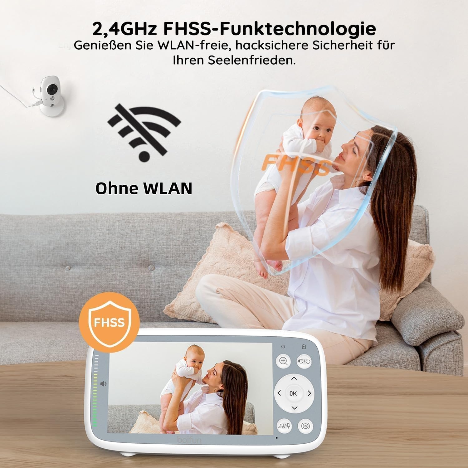 2026 BOIFUN Babyphone mit Kamera, 4-Zoll-720P-Monitor, kein WLAN, Nachtsicht, 10 Stunden Akkulaufzeit, 2-Wege-Audio, Geräuscherkennung, Temperaturerkennung, 3-facher Zoom, Schlaflieder – Bild 3