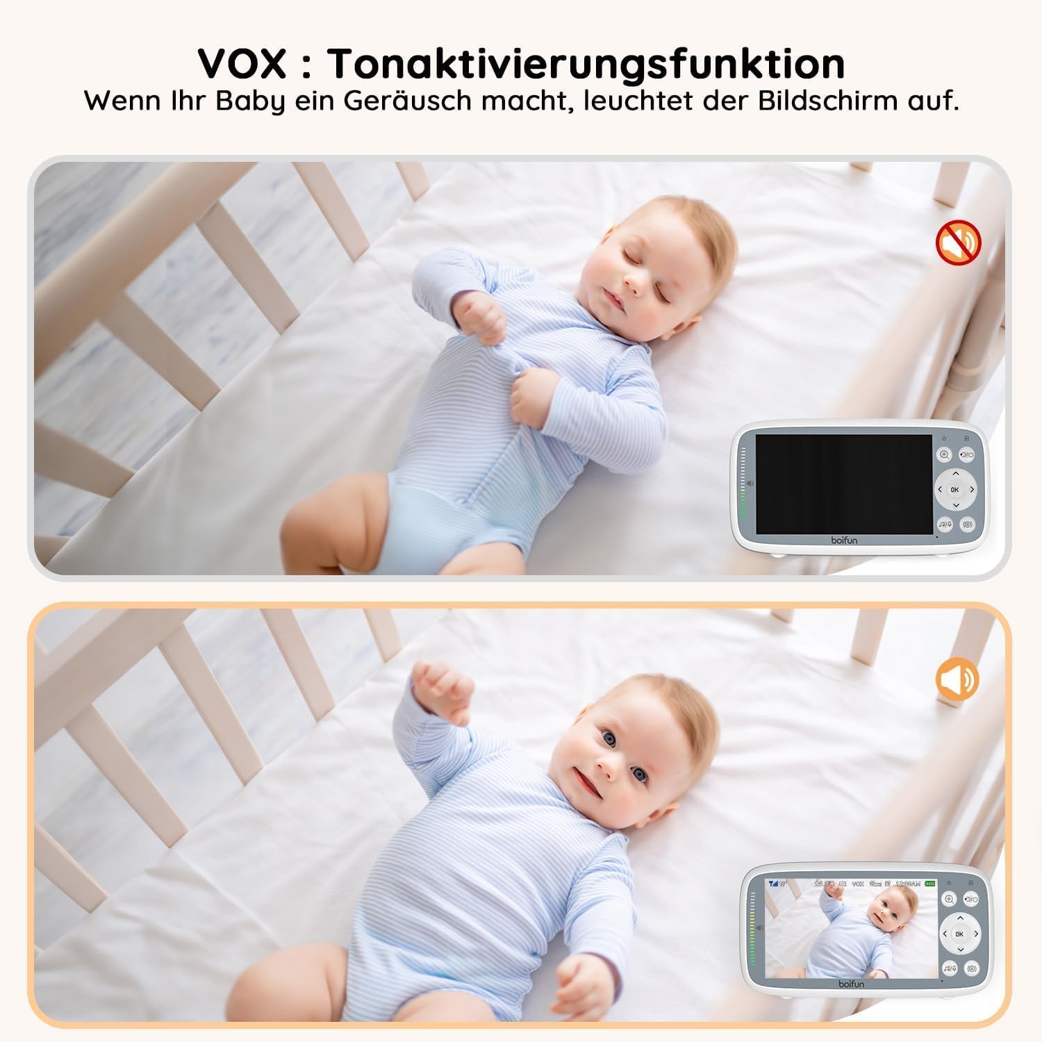 2026 BOIFUN Babyphone mit Kamera, 4-Zoll-720P-Monitor, kein WLAN, Nachtsicht, 10 Stunden Akkulaufzeit, 2-Wege-Audio, Geräuscherkennung, Temperaturerkennung, 3-facher Zoom, Schlaflieder – Bild 7