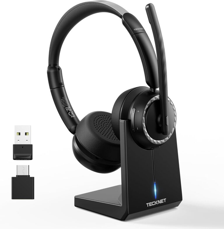 TECKNET V5.3 Bluetooth-Headset mit Mikrofon, kabelloses Headset mit AI-Mikrofon mit Geräuschunterdrückung, Ladestation, USB-Dongle, 55+ Stunden Akku, wiederaufladbare On-Ear-Kopfhörer für Büro, Zuhause, Callcenter