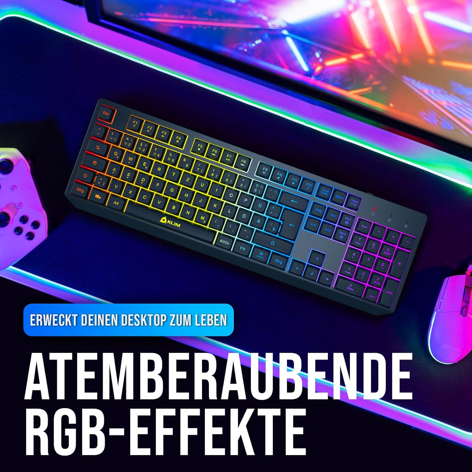 KLIM Chroma Gamer-Tastatur mit USB-Kabel – hohe Leistung – bunte Beleuchtung (schwarz) RGB PC Windows, Mac, PS4 – Bild 8