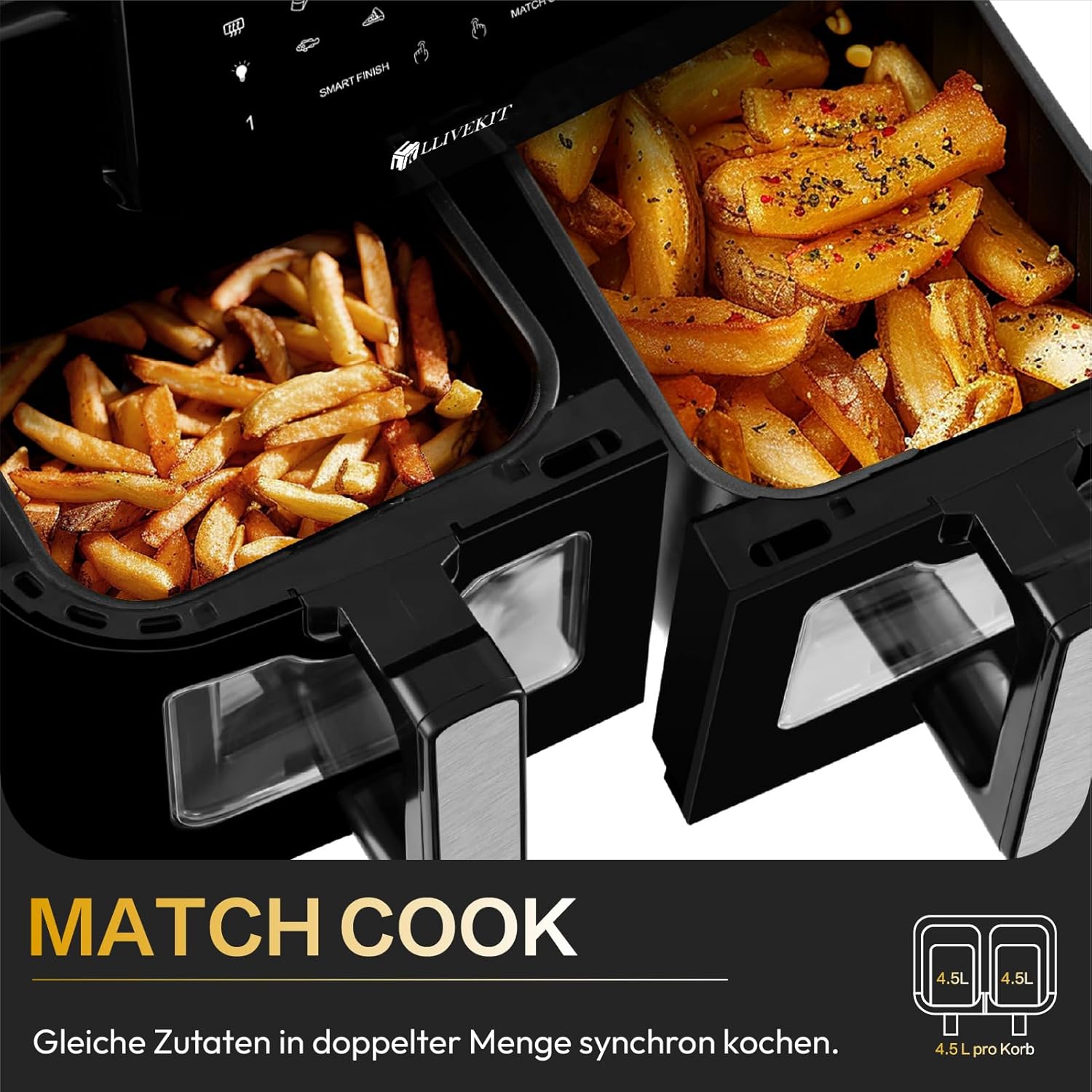 LLIVEKIT 9L Heißluftfritteuse, 2 Kammern mit Sichtfenster, 4,5L + 4,5L Airfryer 9-in-1, Backofen XXL ohne Öl, Heißluftofen mit Touchscreen, Timerfunktion – Bild 5