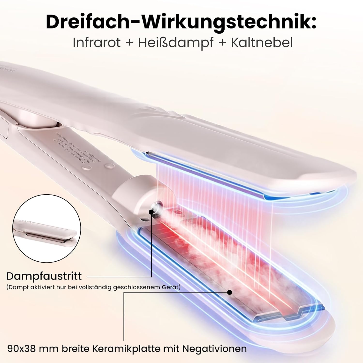 Dampfglätter mit Infrarot und Keramik – 38 mm breite Platten für langes, dickes Haar – reduziert Haarschäden, für gesunden Glanz (140–220 °C, automatische Abschaltung) – Bild 3