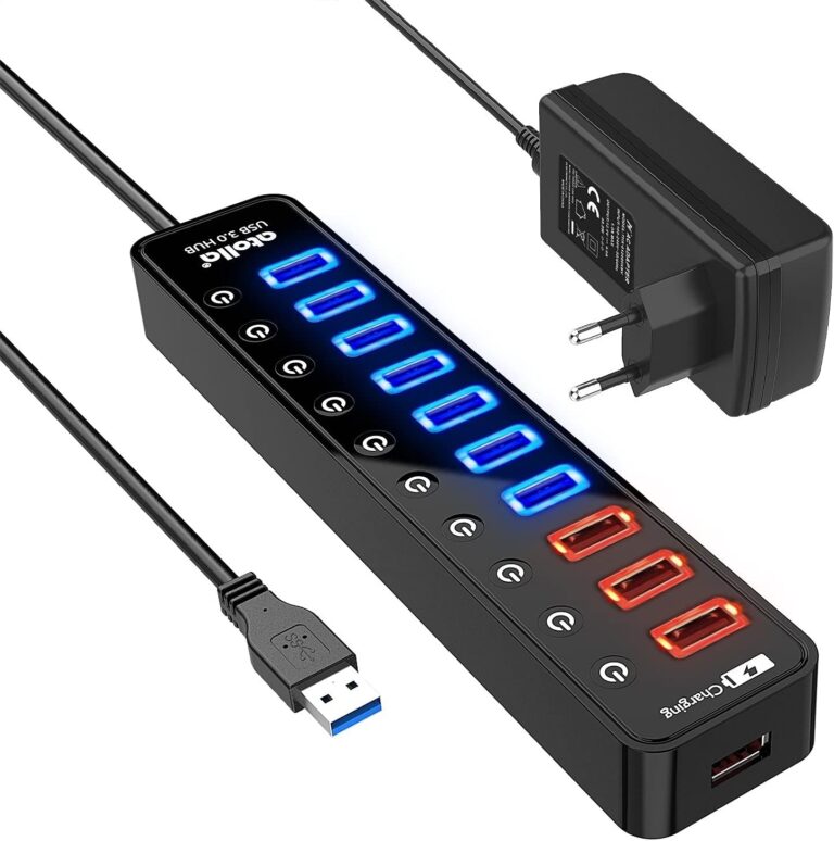 Atolla USB-Hub Active 3.0 mit 48 W (12 V/4 A) Netzteil, 11-Port USB 3.0-Verlängerungssplitter (7 Datenanschlüsse + 4 Smart-Ladeanschlüsse) mit einzelnem Ein-/Aus-Schalter und für Hochleistungs-USB-Geräte-Stromversorgung