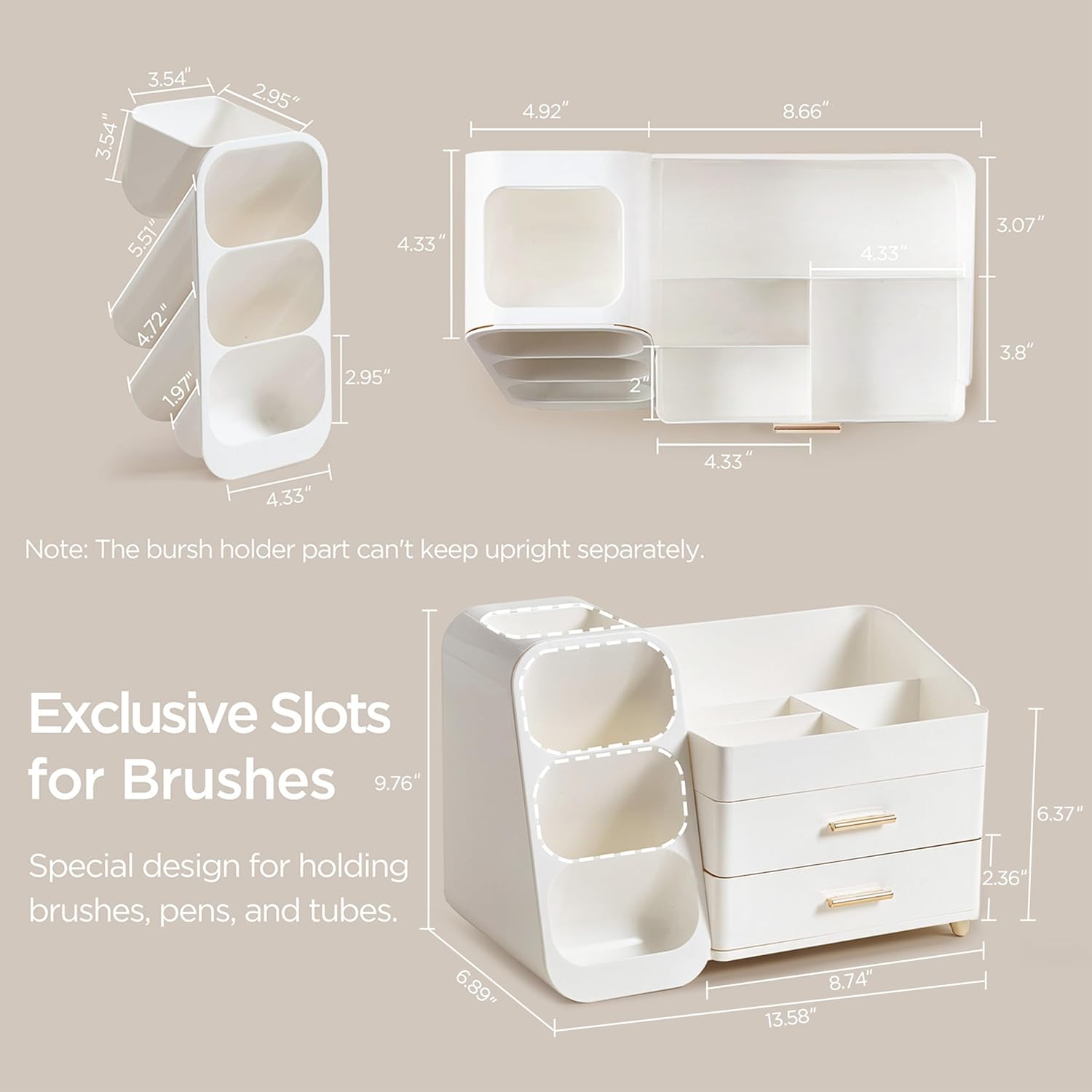 HBlife Make-up-Kosmetik-Organizer mit Schubladen, Pinsel-Organizer, 3-in-1-Kosmetik-Aufbewahrungsbox aus Kunststoff, Make-up-Aufbewahrungsbox, großer Stauraum, weiß – Bild 3