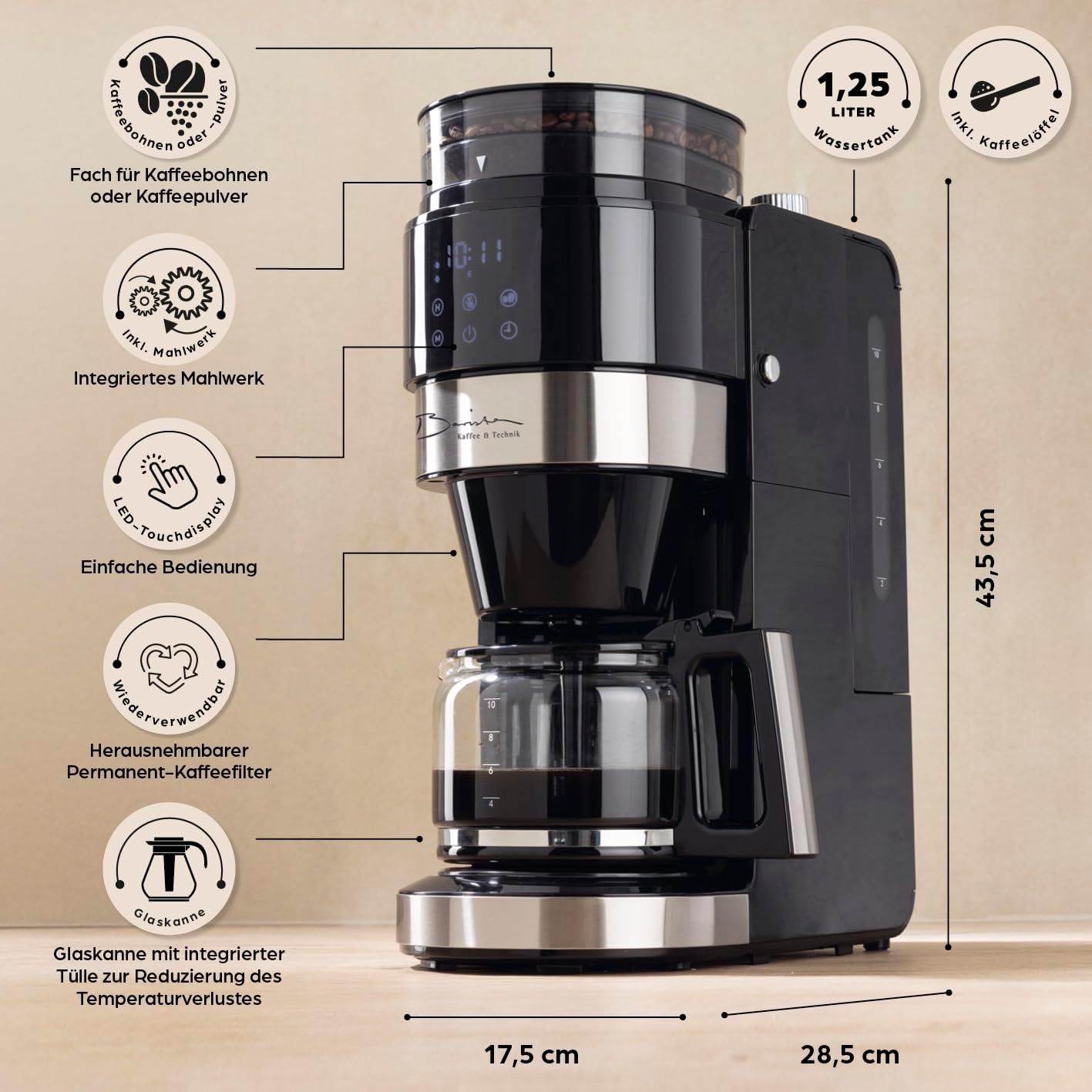 Barista-Filterkaffeemaschine mit verstellbarem Mahlwerk (Pro-Design) | Warmhaltefunktion, 24-Stunden-Timer und Permanentfilter | Für 10 Tassen Kaffee | Kaffeemaschine für Bohnen und Pulver (Edelstahl) – Bild 8
