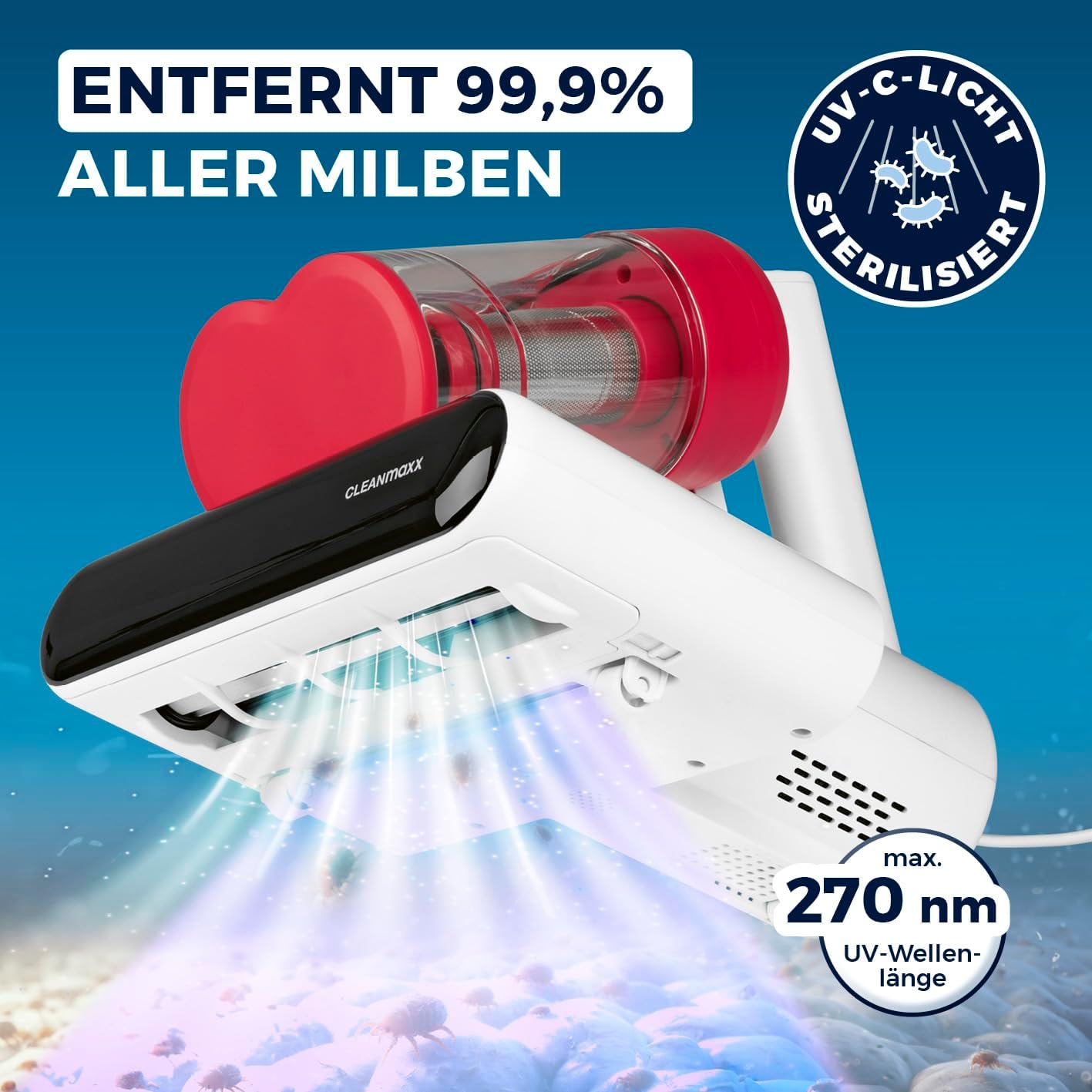 CLEANmaxx Milbensauger für Matratzen mit UV-C-Licht, Rotation, Matratzenreiniger mit HEPA-Filter, entfernt 99,9 % aller Milben, Matratzensauger mit Ultraschall, Hitze & Vibration – Bild 2