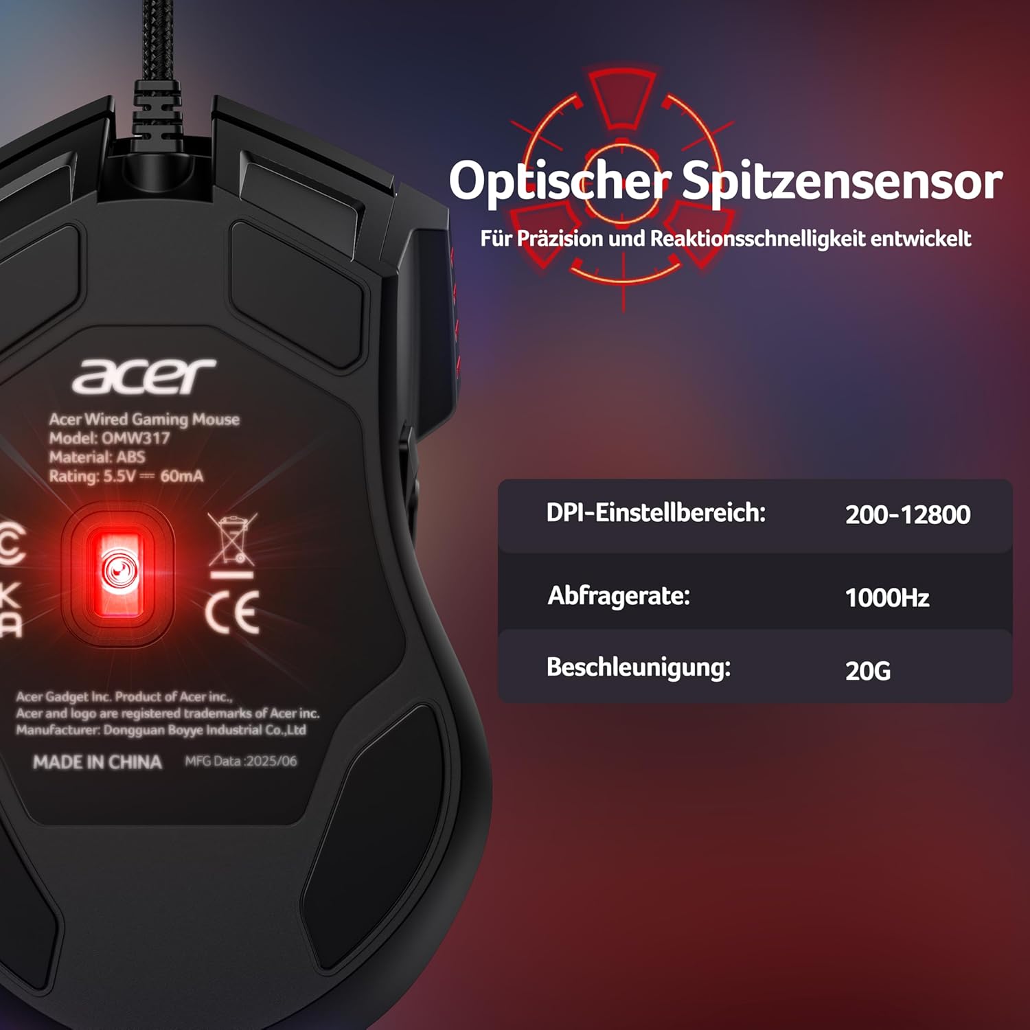 Acer Gaming-Maus mit Kabel 12800 DPI, kabelgebundene Computer-Gaming-Maus mit Treiber, 1000 Hz Abfragerate und 8 programmierbaren Tasten, Schnellfeuertaste und RGB-Lichtern, PC-Gaming-Maus, ideal für PC/Laptop – Bild 2