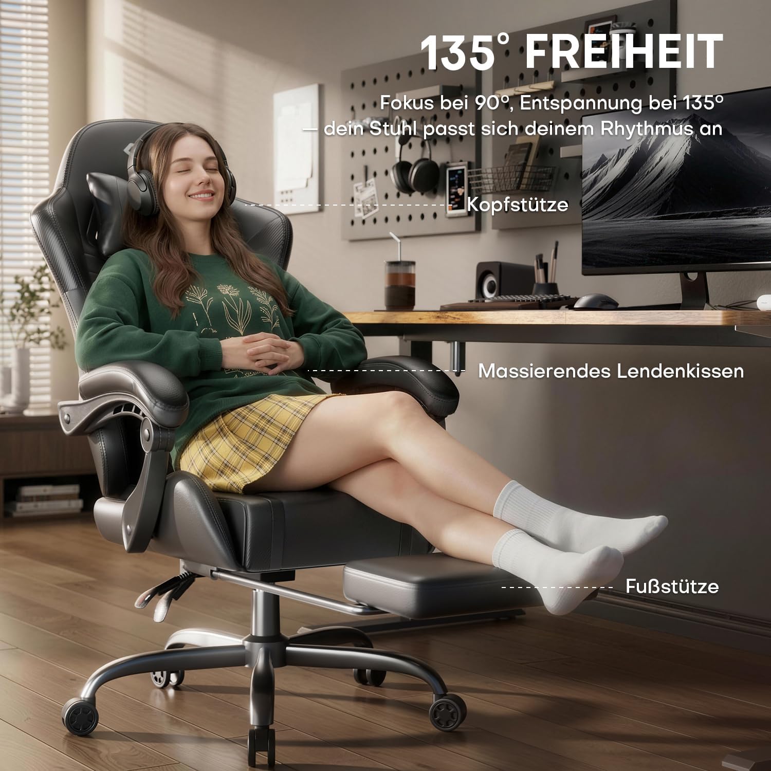 HLONONE Gaming-Stuhl mit Massagefunktion, ergonomischer Gamer-Stuhl, Racing-Gaming-Stuhl mit Fußstütze, Kopfstütze und Massage-Lendenkissen, gepolsterter PC-Stuhl, 150 kg Tragkraft, Schwarz – Bild 3