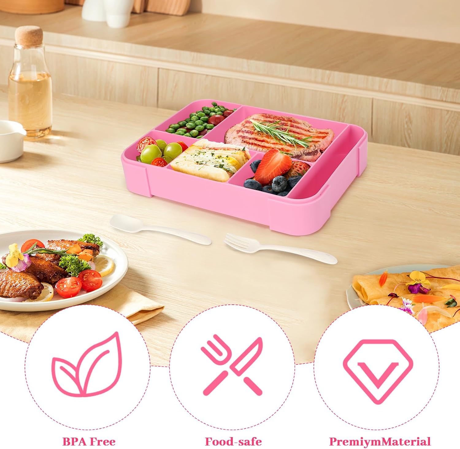 Sprifityy Kinder-Brotdose mit Fächern, 1330 ml, auslaufsichere Lunchbox, geeignet für Schule, Picknick, Reise-Brotdose, geeignet für Erwachsene, Mädchen & Jungen, mikrowellen-/spülmaschinenfest (rot) – Bild 5