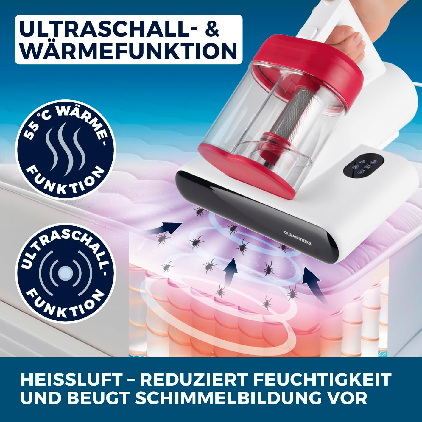 CLEANmaxx Milbensauger für Matratzen mit UV-C-Licht, Rotation, Matratzenreiniger mit HEPA-Filter, entfernt 99,9 % aller Milben, Matratzensauger mit Ultraschall, Hitze & Vibration – Bild 4