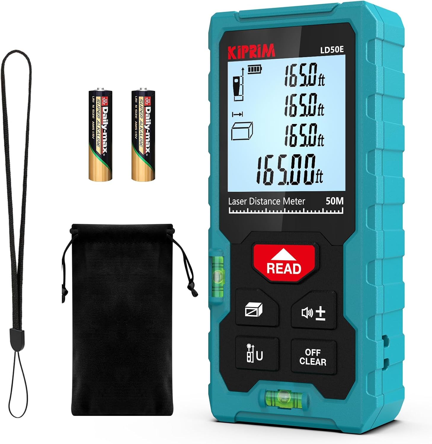 Kiprim Laser-Entfernungsmesser LD50E, hohe Genauigkeit, 50 m, Laser-Maßband, kompaktes Lasermessgerät mit großem hintergrundbeleuchtetem LCD-Display, ft/m/in-Umschaltung, Wasserwaage