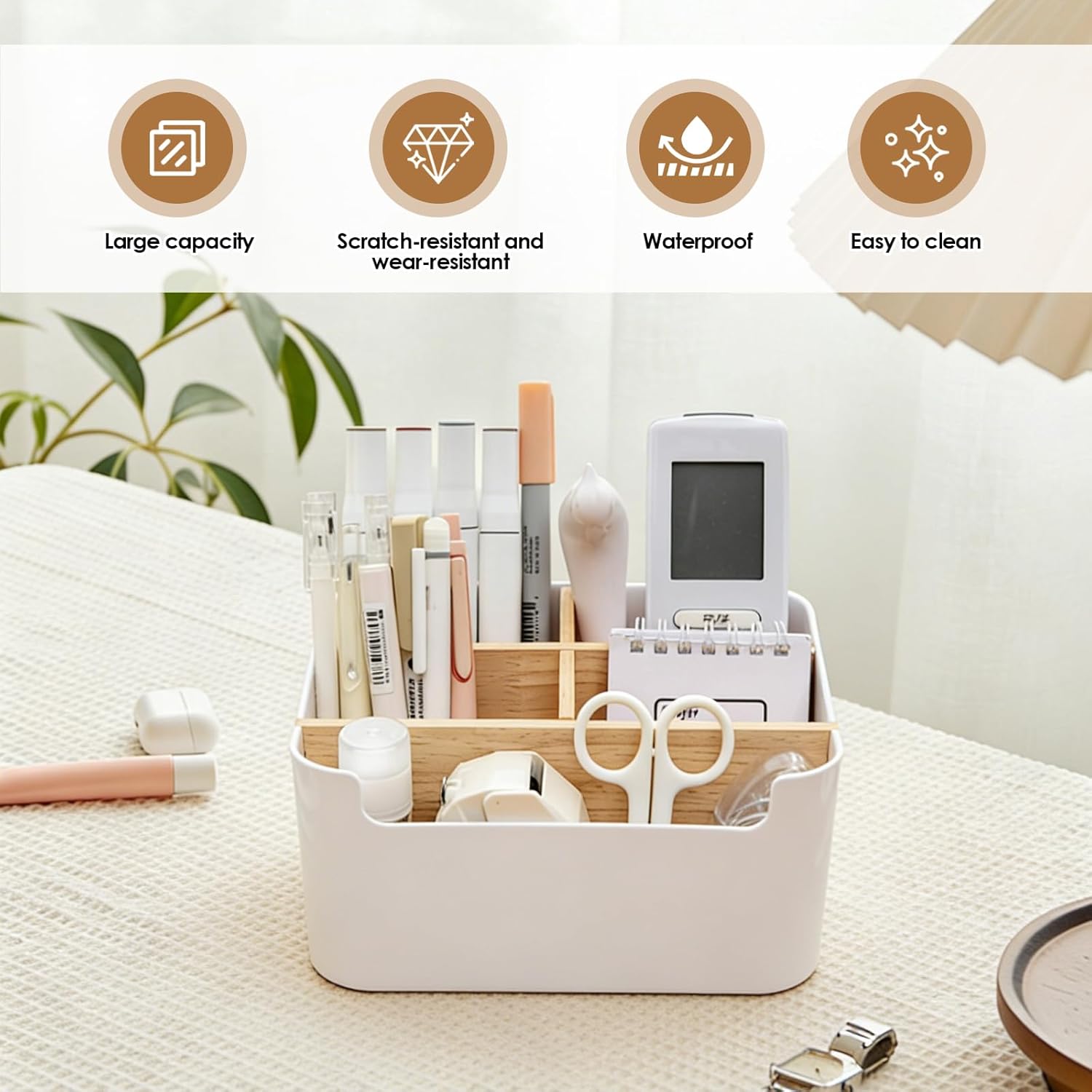 AKONE 5 Fächer Stifte Organizer, Bambus Schreibtisch Organizer mit abnehmbaren Trennwänden, Platzsparender Stiftehalter, Multifunktionaler Kosmetikhalter für Make up Pinsel, Büro Zubehör & mehr – Bild 3