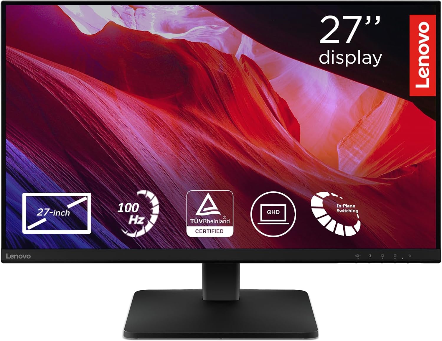 Lenovo L27qe | 27-Zoll-QHD-WLED-Monitor | 2560 x 1440 | 16:9 | 100 Hz | 4 ms Reaktionszeit | IPS-Panel | HDMI | DisplayPort | TÜV Augenschutz | Blendfrei | Rabenschwarz | 4,5 kg