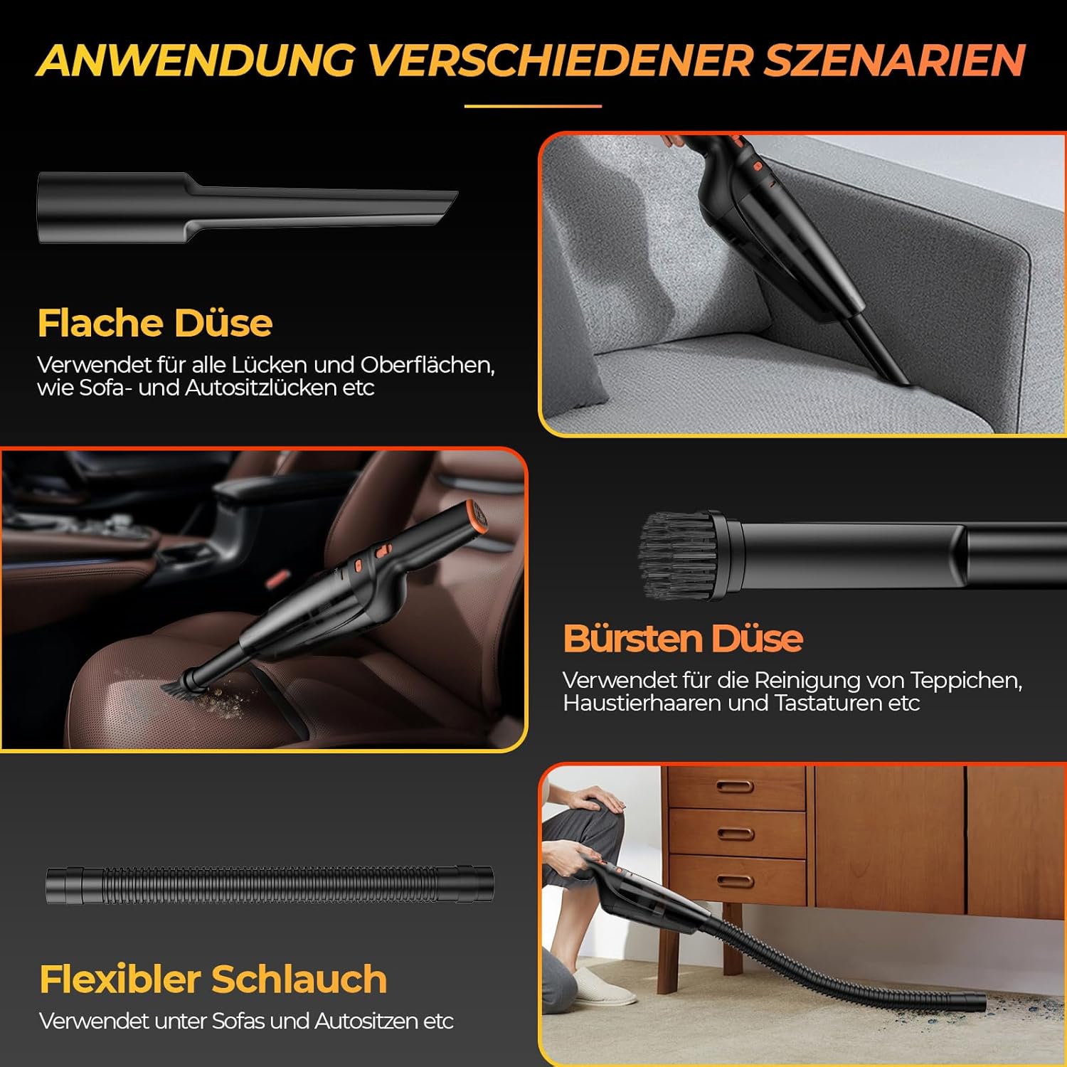 Handstaubsauger, 12000 Pa Handstaubsauger Akku mit Ladestation, Autostaubsauger Kabellos mit 3 waschbaren HEPA-Filtern, Nass- und Trockenstaubsauger ohne Beutel Stark für Zuhause, Büro, Auto, Tierhaare – Bild 3