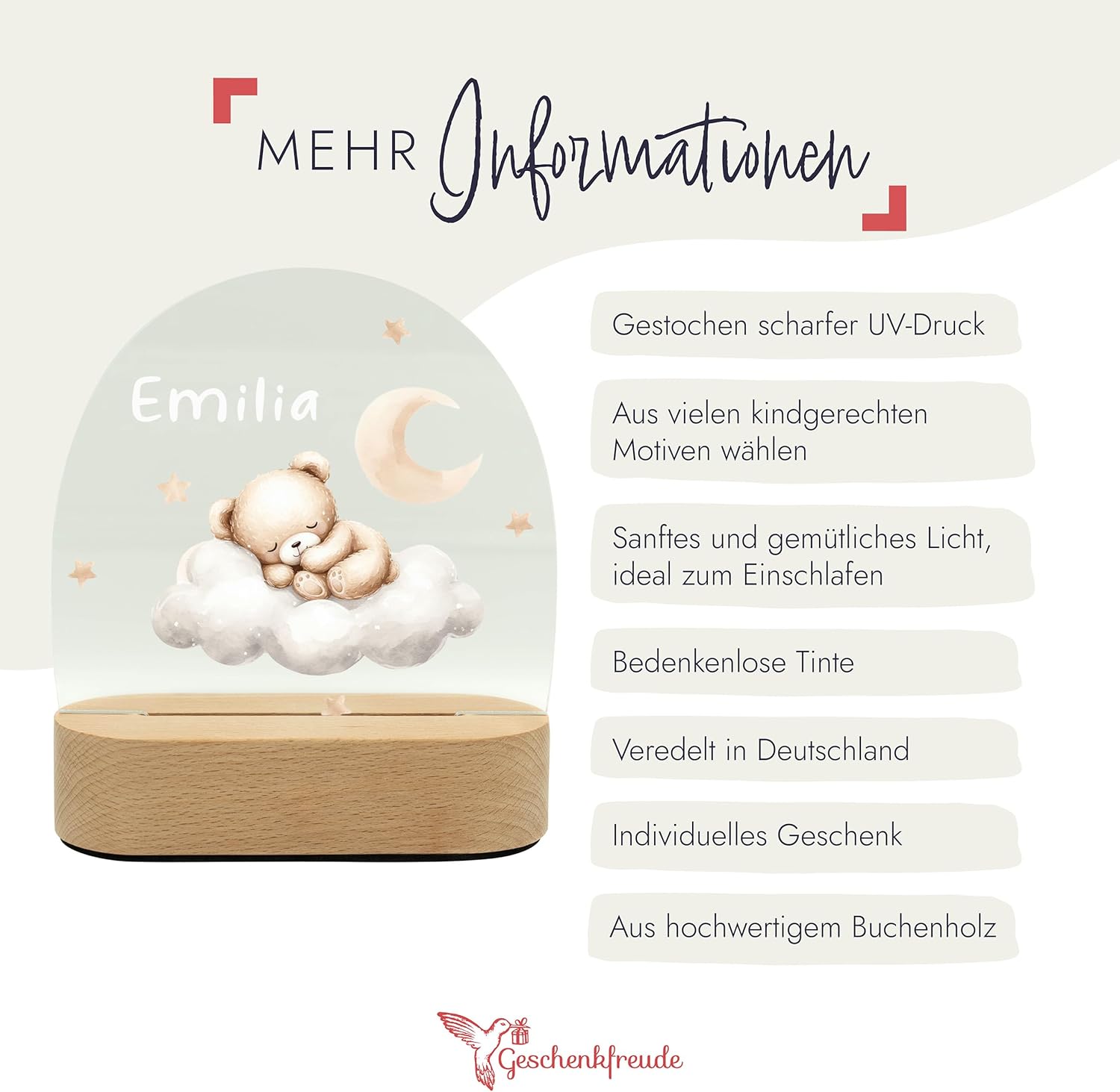 Geschenk zur Geburt Mädchen – Nachtlicht Kinder dimmbar – Nachtlampe personalisiert Bär – Bedeutungsvolle Geschenke zur Geburt – Babygeschenke zur Geburt – personalisierte Lampe Kinder – Nachtlicht Baby – – Bild 2
